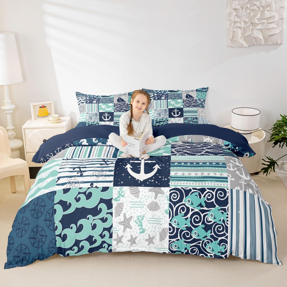 Ocean Nautical Duvet Cover Twin Size,Navy Blue Patchwork Plaid Stripes Bedding Set for Kids Teens Boys Bedroom Decor Anchor Rudder Print Comforter Cover Whale Octopus Sealife Quilt Cover 2pcs