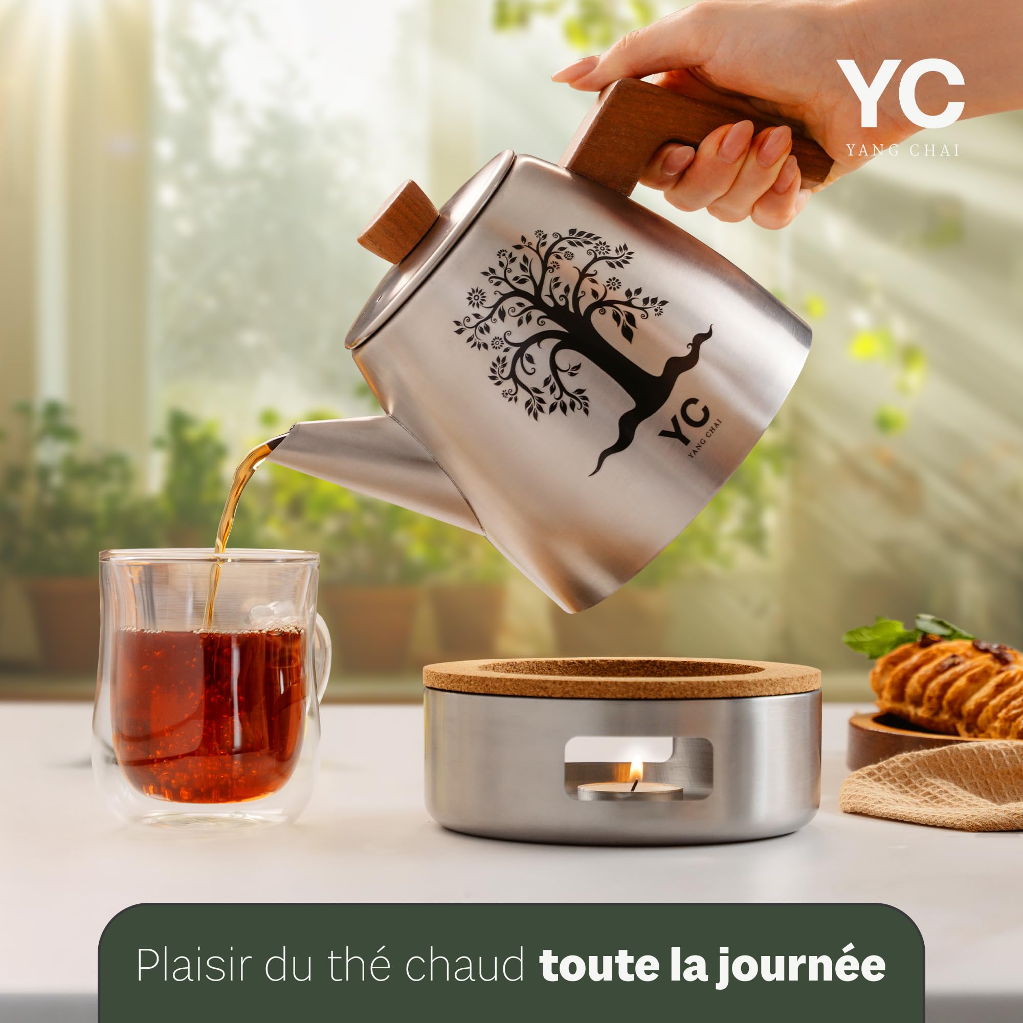 YC Yang Chai Théière avec Filtre 1,3L – Théière Design avec Réchaud Chauffe-Thé et Poignée en Bois – Accessoire Elégant pour Infusion, Tisane et préparation de Thé en Vrac