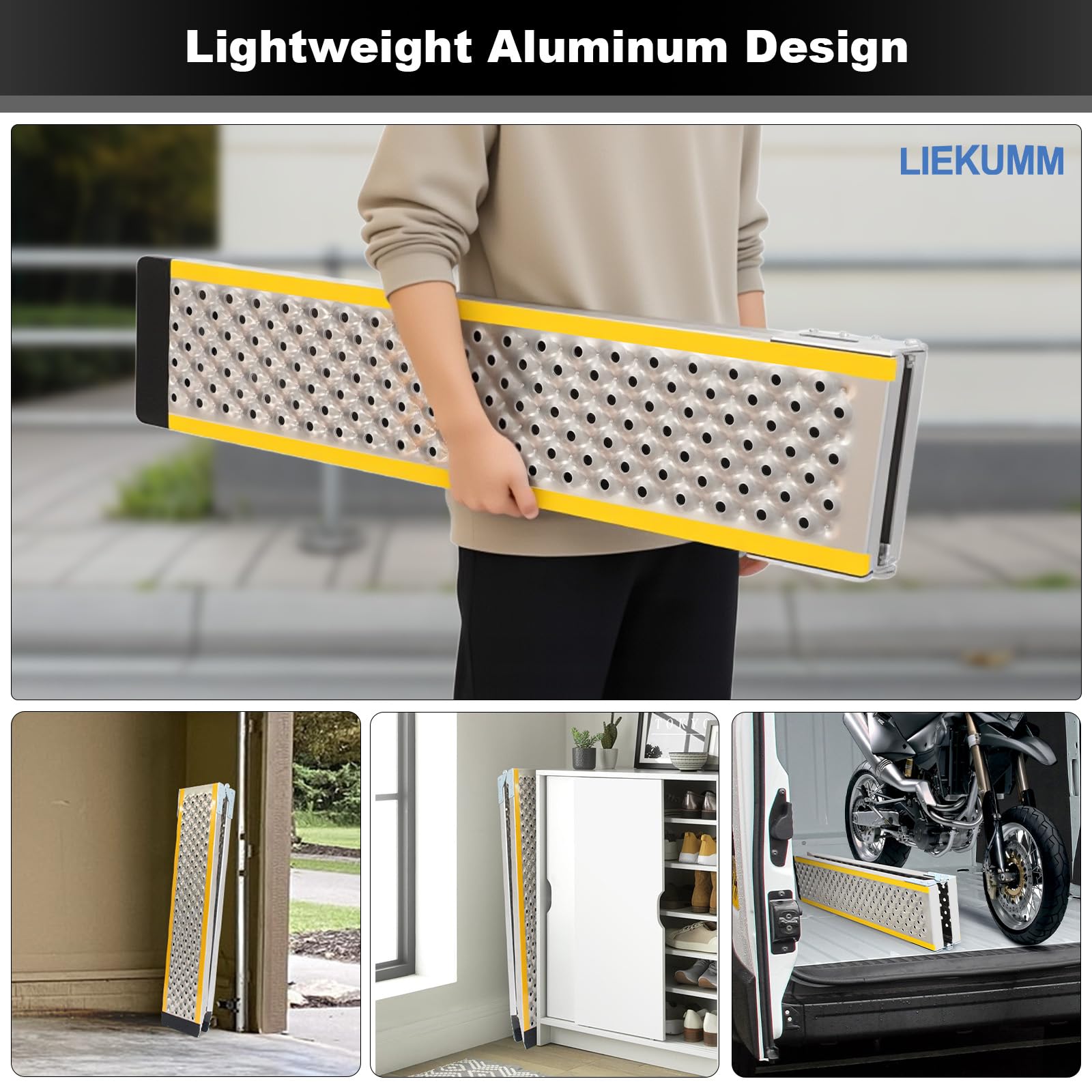 LIEKUMM Rampa di carico leggera per moto, 200 x 21,5 cm, pieghevole, in alluminio, per furgoni, portata 300 kg, antiscivolo, portatile, per E-bike, Dirt Bike, scooter, bici