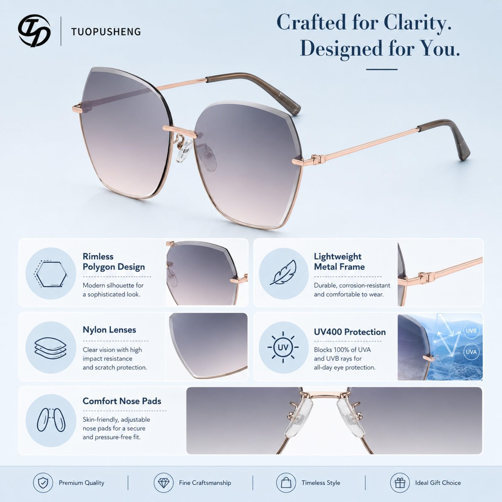 LVJMJ - Gafas de sol de nailon sin montura para hombre y mujer, UV400 Cat 3, montura dorada, lentes degradadas para conducción