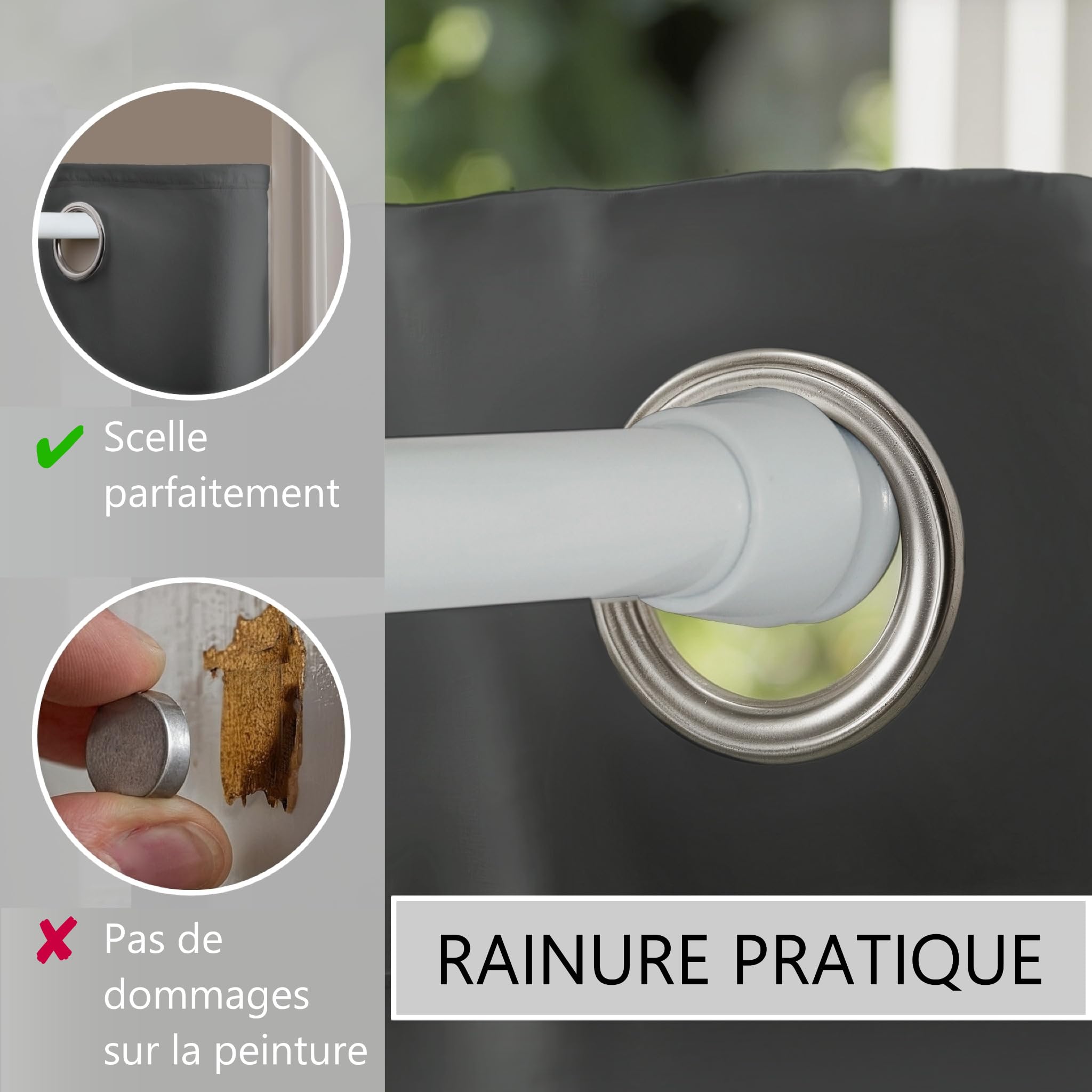 Rideau de porte avec tringle télescopique, montage facile en seulement 1 minute sans perçage (rideau de porte anthracite + barre de serrage blanche - Rideau 210 x 150 cm (H x l) + barre 70-120 cm