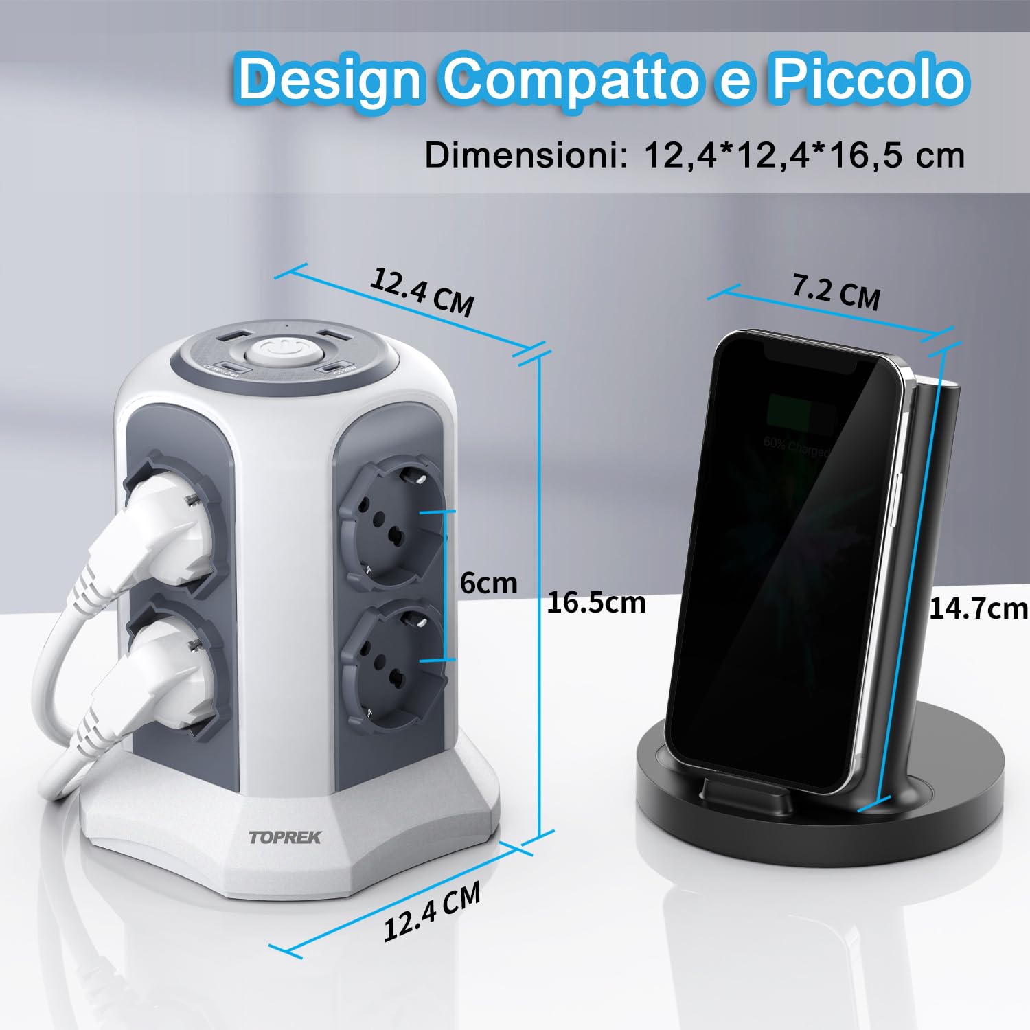 TOPREK Regleta Vertical con 8 Tomas Universales ITA 10/16A y Schuko y 2 USB C y 2 USB A (USB-C1 20W PD3.0 Carga Rápida), 4000W/16A, Regleta con Interruptor, Cable de 2M, Enchufe 16A, Oscuro Gris | 2 tipo C (20 W PD3.0 carga rápida) y 2 tipo A y 8 universa