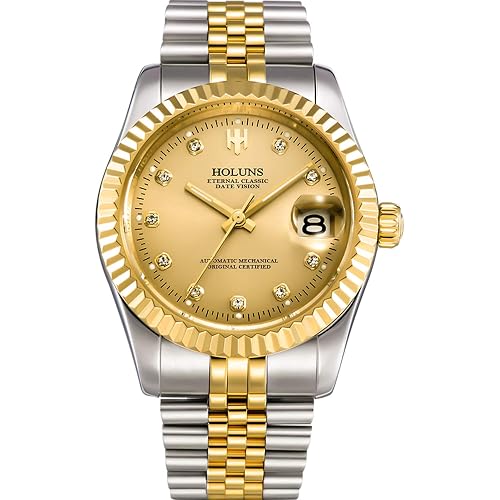 Mens Full Gold Watch Automatic Mechanical Gilded Steel Self-Wind Sapphire Glass Dress Waterproof Watch