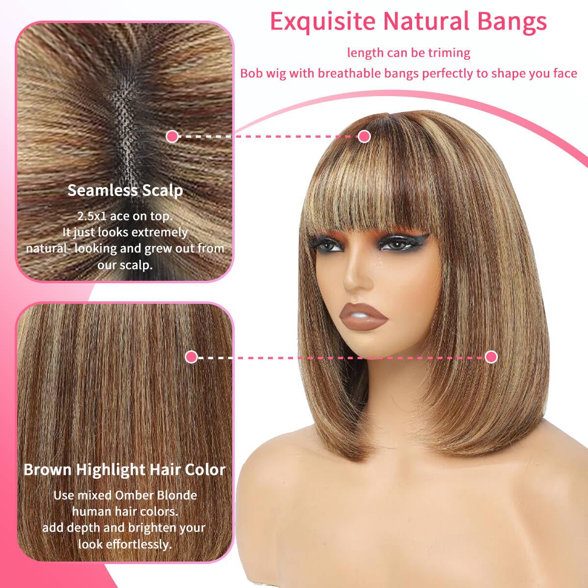 Bob Wig with Bangs Human Hair P4/27 Straight Wig Human Hair Glueless Wear Wig Ombre Blonde Highlight Short Bob Wigs for Black Women 2.5X1 inch Bob Wig 10Inch Short Bob - Image 6