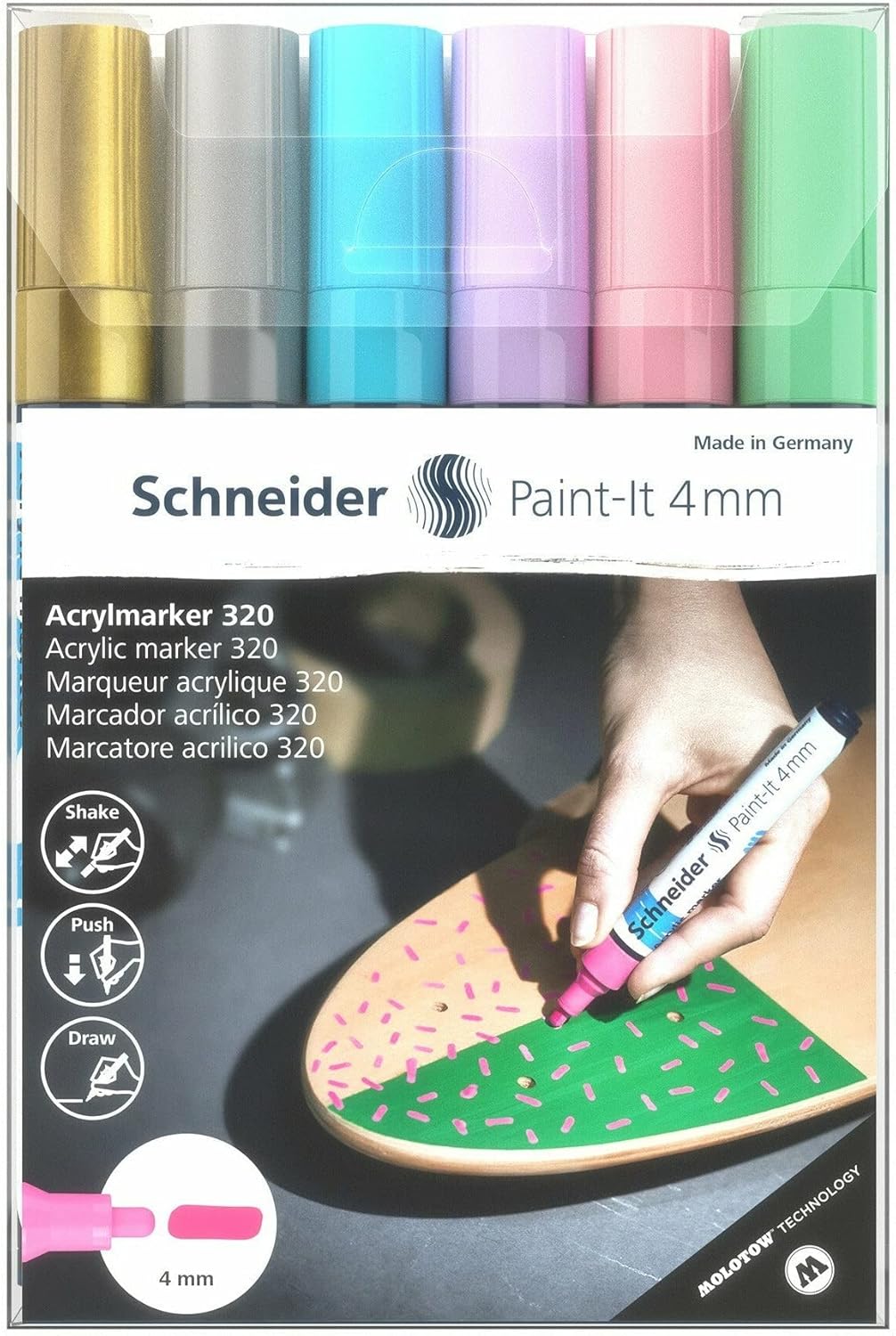 Schneider Paint-It 320 acrylic marker set 2 (4 mm round tip, high coverage, brilliant colour, for almost all surfaces) 6 pieces