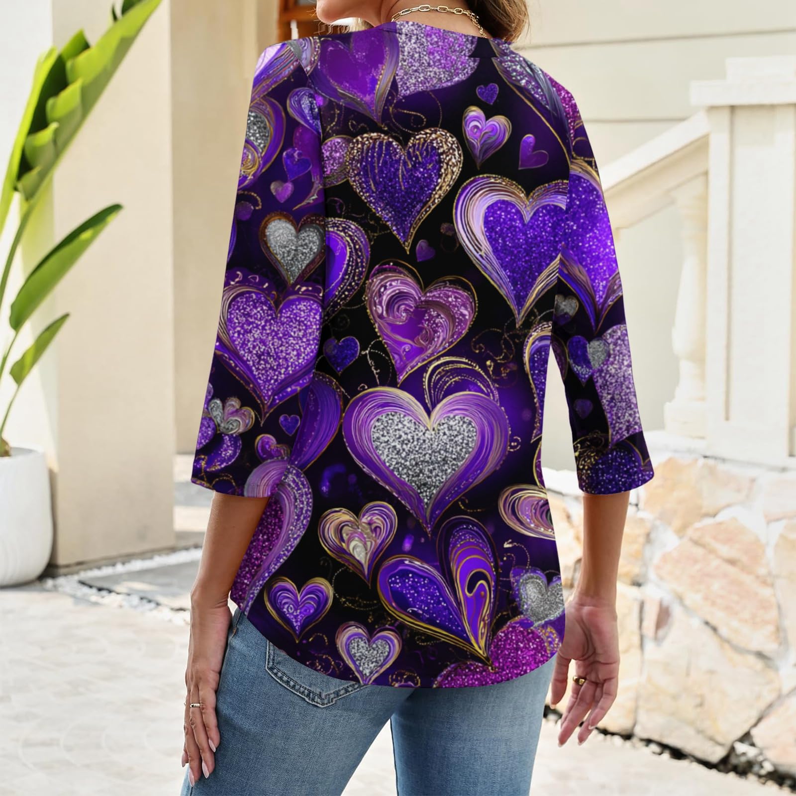 Générique Blouse Femme Col en V Manches Longues Imprimé Cœur Boutons Décoratifs Style Décontracté pour Usage