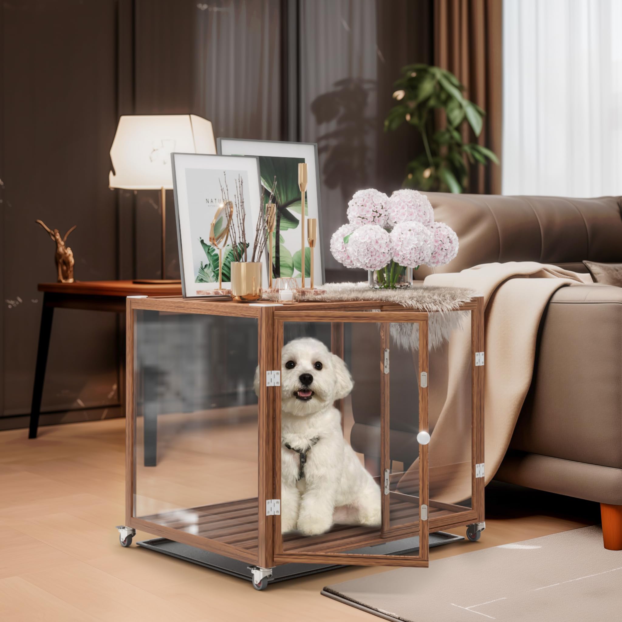 Meuble Cage Chien Intérieur Transparent: 76x58.5x66.5cm Caisse pour Petit Chien en Verre Trempé avec Cadre en Alliage d'Aluminium sur Roulette - Cages Chiens avec 3 Porte et Plateau Amovible
