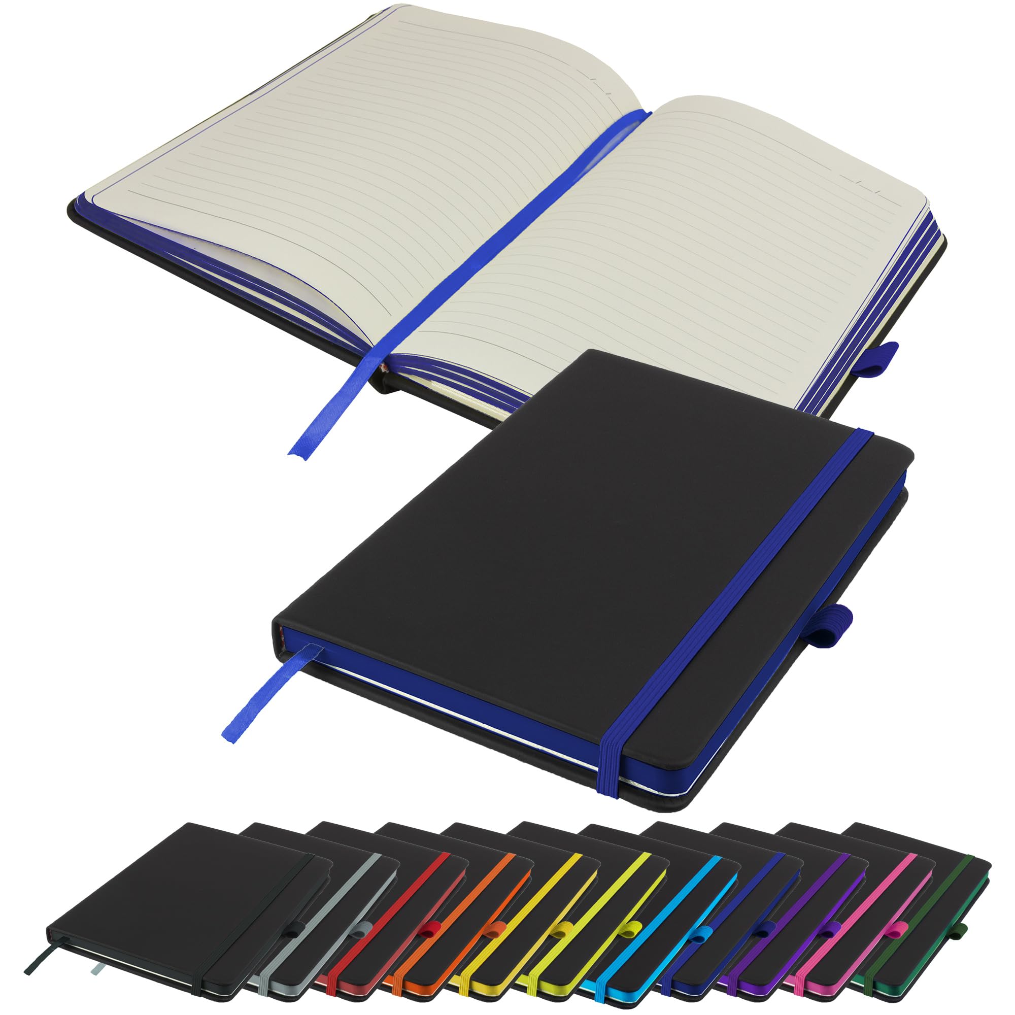 Executive Contrasting paper edge A5 Notebook New Lined Hardback Journal with pen loop, elastic, ribbon, paper pocket & 196 pages Notepad Note Book Notes Diary Pad (Navy)