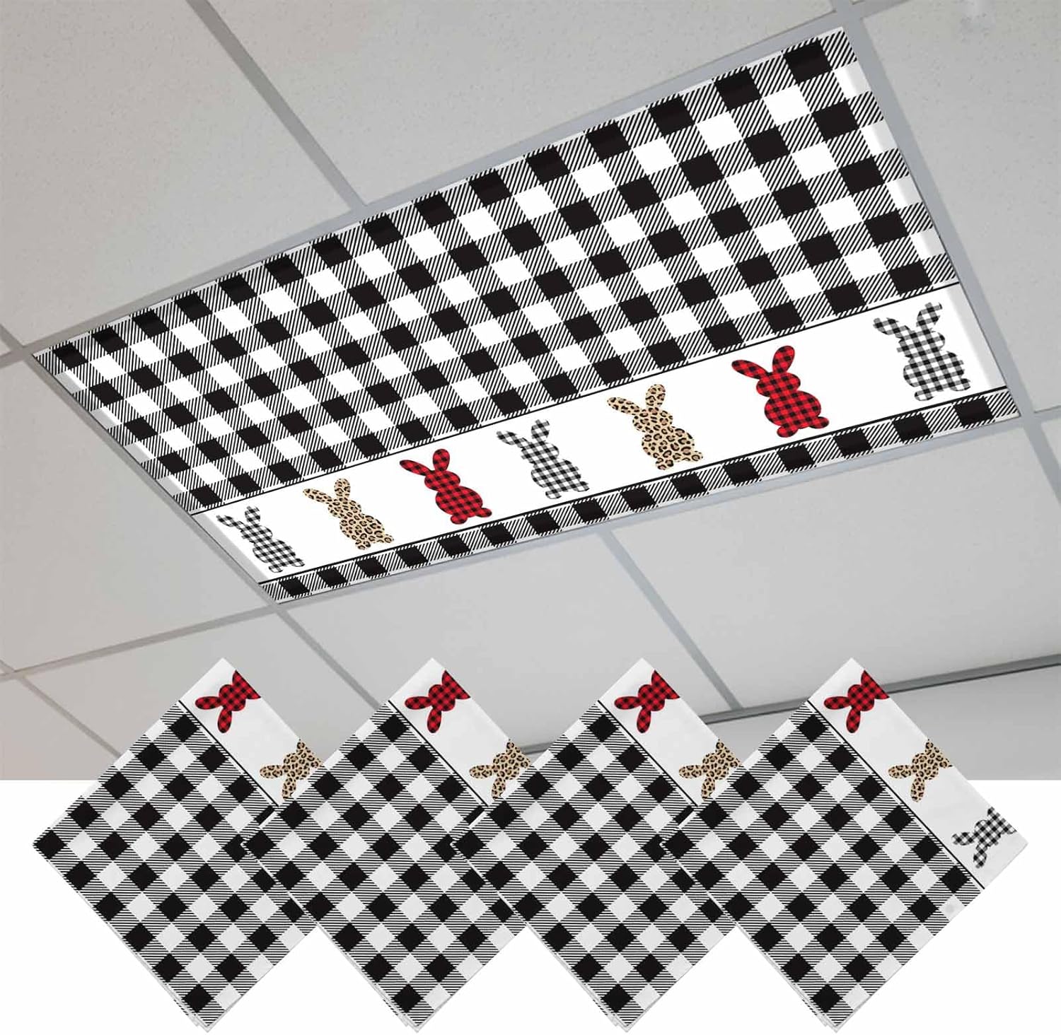 Easter Fluorescent Light Covers for Ceiling Lights 4x2 feet,4 Pack Magnetic Light Filters for Classroom,Cartoon Leopard Print Buffalo Plaid Rabbits Fluorescent Lamp Shade Panel for Office School Drop