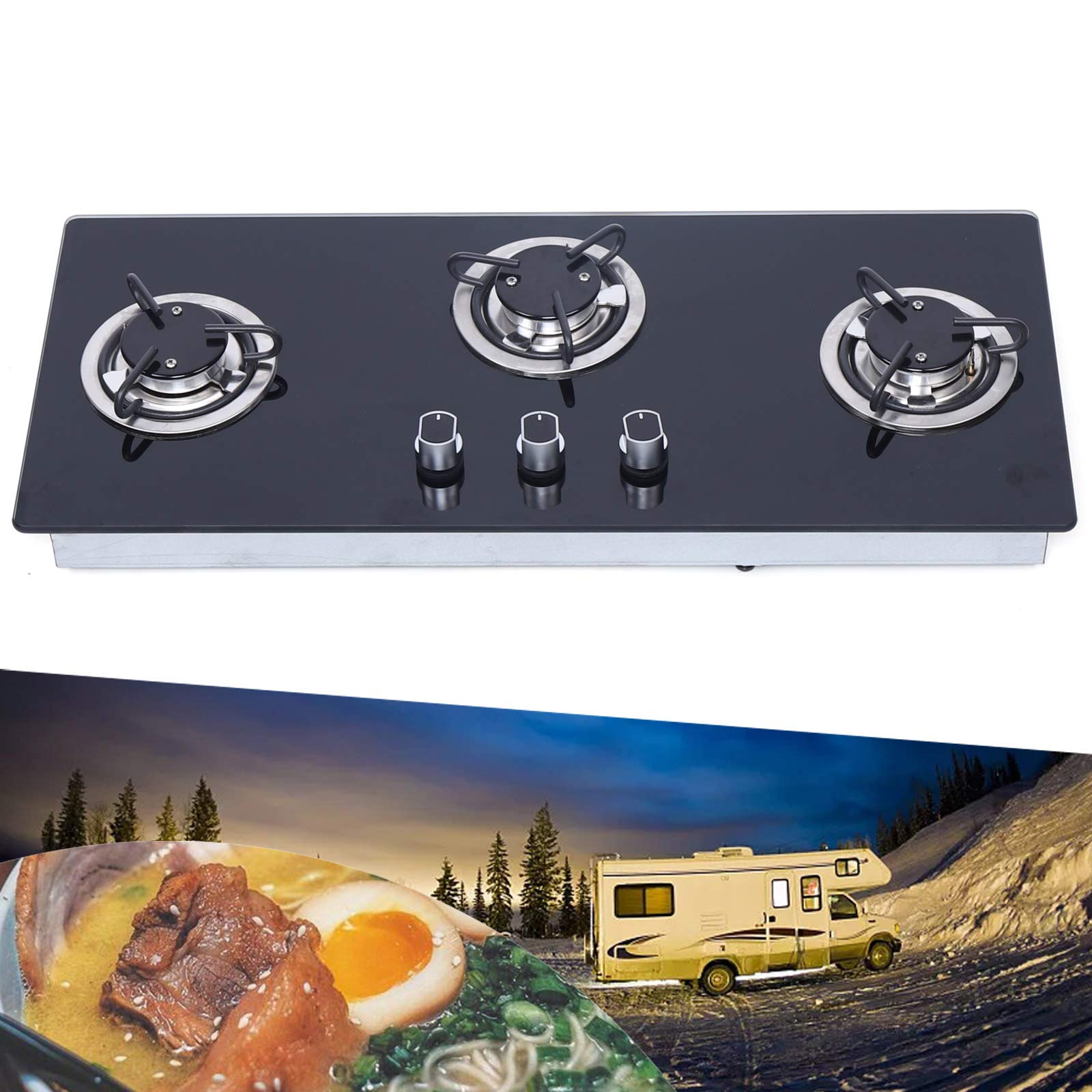 15'' Black Tempered Glass Panel Builtin LPG Gas Hob Cooktop Portable