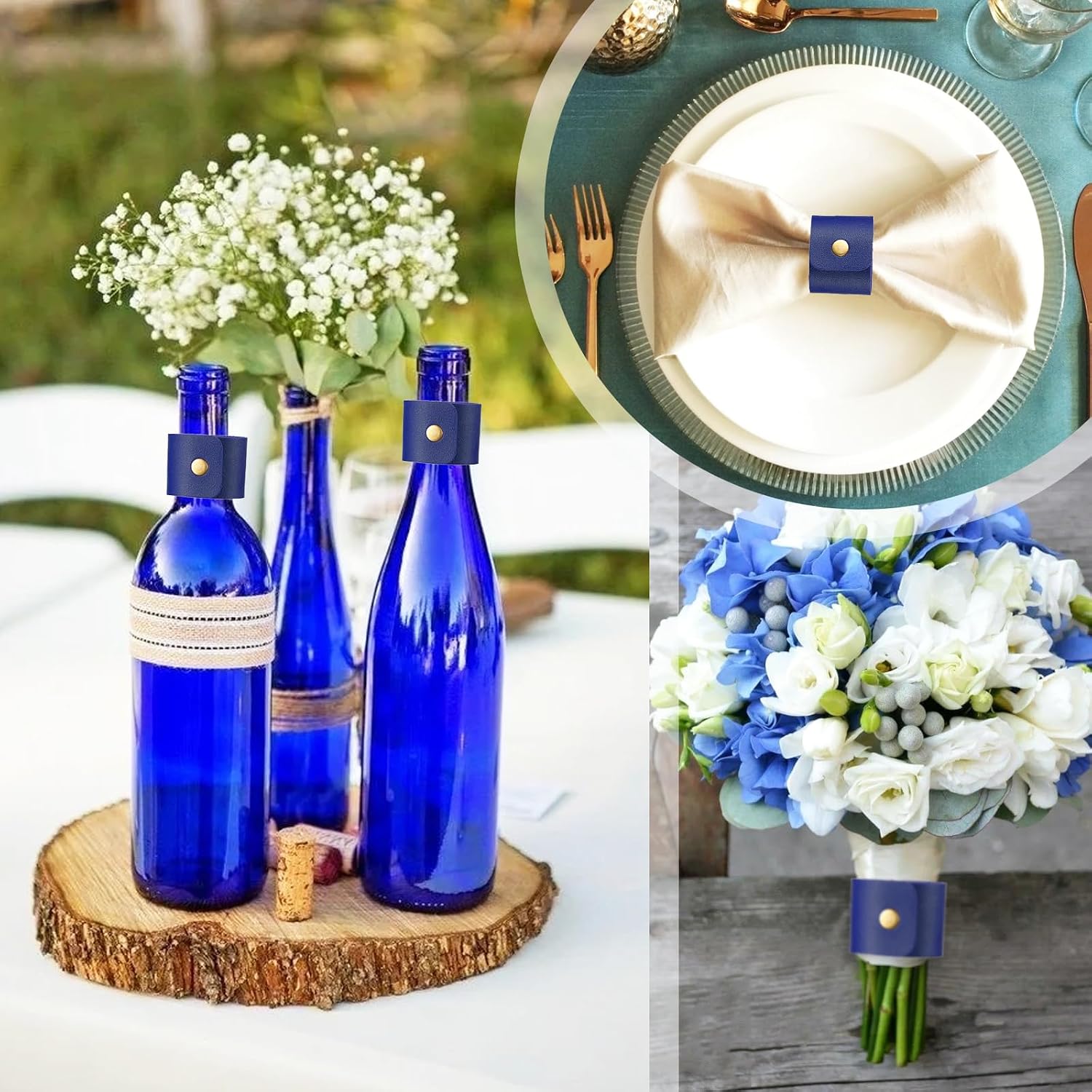 12 Pcs Blue Leather Napkin Rings Rustic Napkin Buckle Vintage Leather Napkin Ring Holder for Christmas, Thanksgiving, Wedding, Birthdays Party Table Decoration Table Napkin Ring