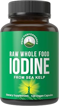 Raw Whole Food Iodine Supplement from Organic Kelp Ascophyllum Nodosum by Peak Performance. Potassium Iodide Support Tablets. for Metabolism, Energy, and Immune. 120 Vegan Capsules, Pills.
