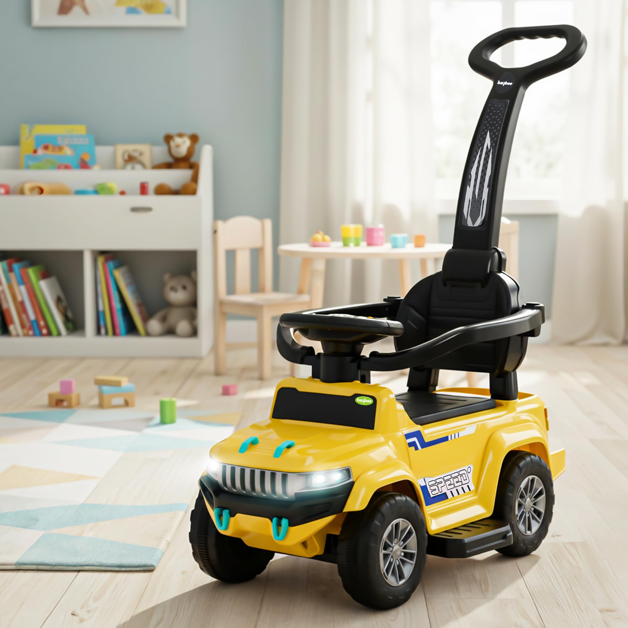 Baybee Speedy Pro Ride on Cars for Kids | Portable Baby Push Rideons with Parental Handle & Safety Guardrail | Kids Car with LED Lights, Music & Backrest | Ride on Car for Baby 1-3 Years (Yellow)