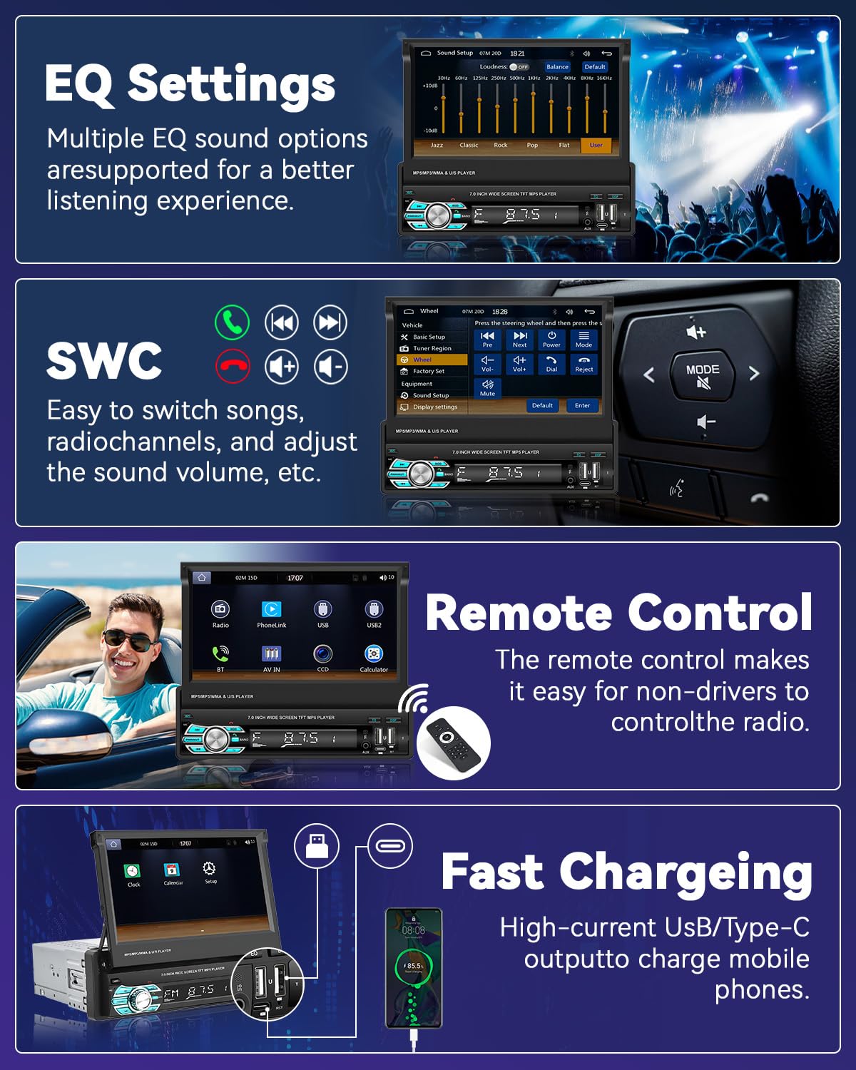 Autoradio 1Din Wireless Carplay Android Auto mit Ausfahrbarem 7" Bildschirm Autoradio Stereo mit Bluetooth-Freisprecheinrichtung USB Typ-C Schnittstelle AUX FM RDS Mirror Link Rückfahrkamera