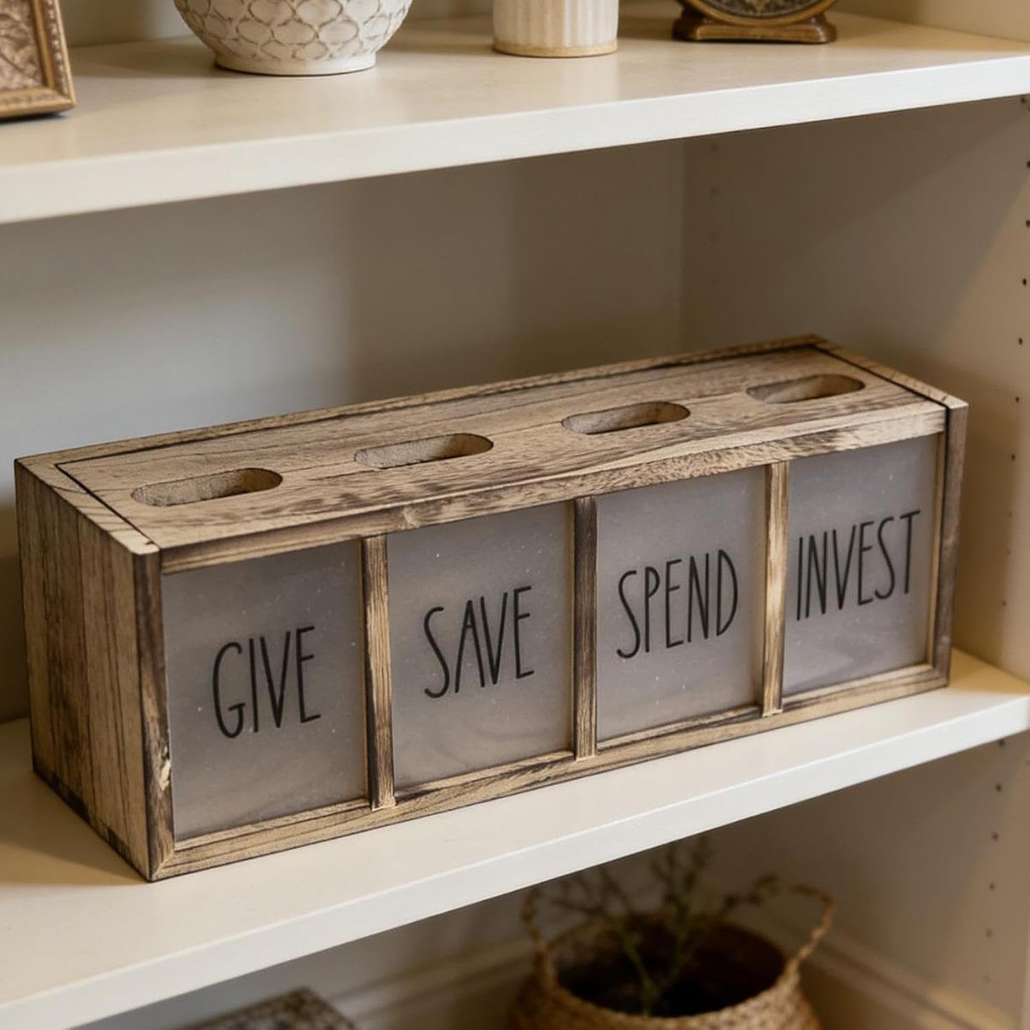Wooden Give Save Spend and Invest Money Saving Box,Kids Piggy Bank,Rustic,with 4 Compartments Visualized for Laundry Room, Light Brown