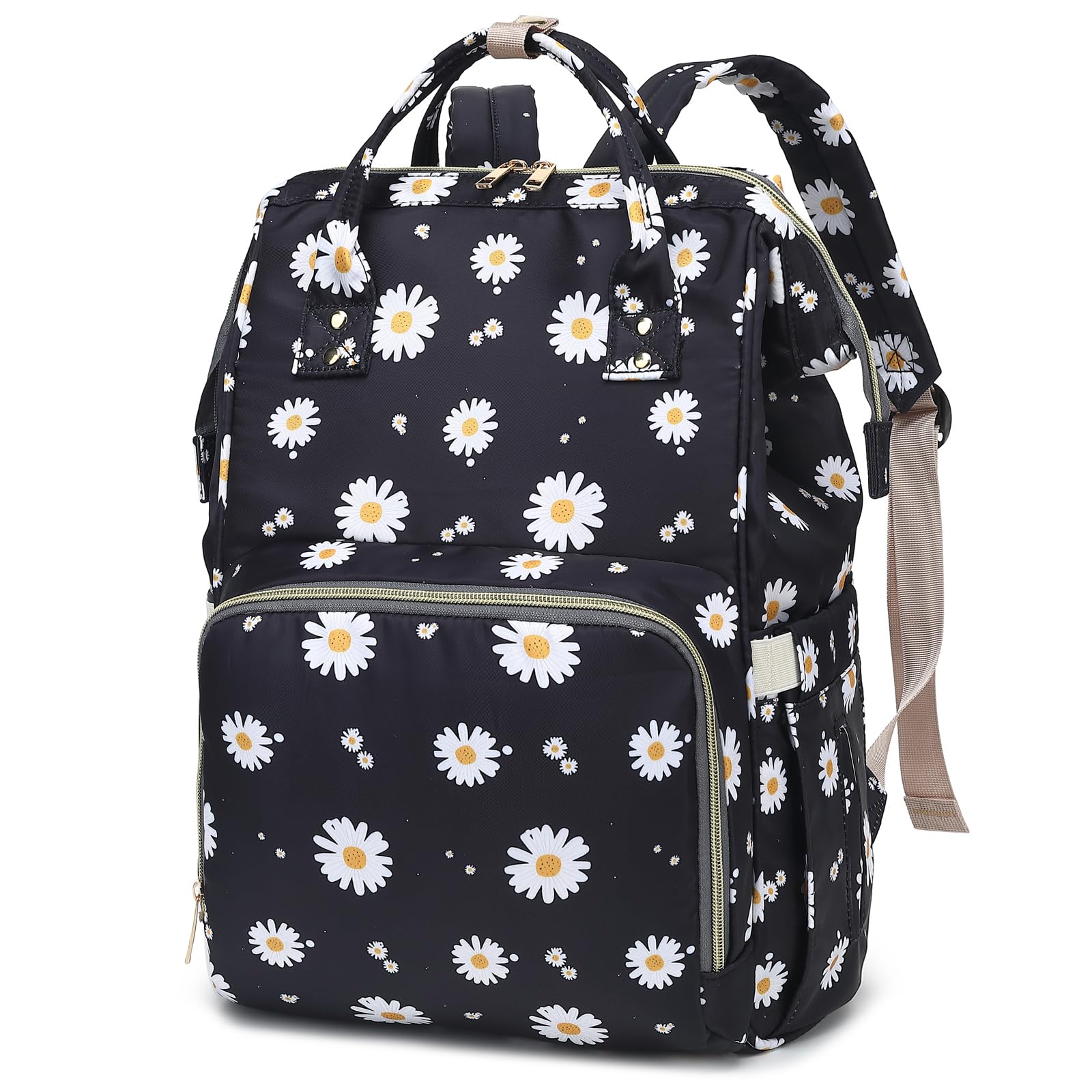 Xunteny Daisy Baby Diaper Bag Backpack for Girls Boys, Waterproof Large Maternity Nappy Bags for Mom (Black)