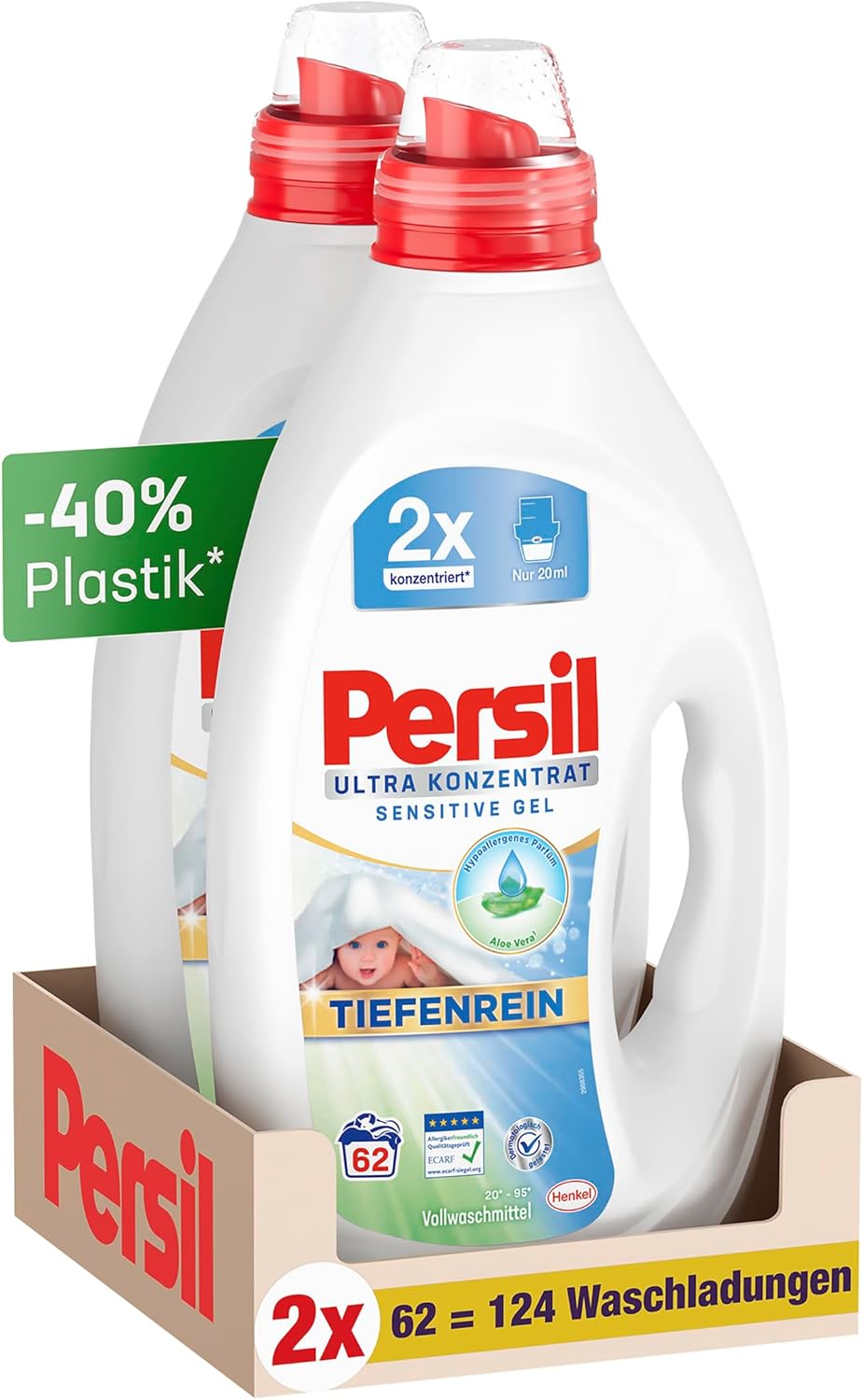 Persil Ultra Concentrate Sensitive Gel (124 Washes), Liquid Detergent for Allergy Sufferers & Babies in Smaller Bottle for Less Plastic, Removes Stubborn Stains, Dermatologically Tested