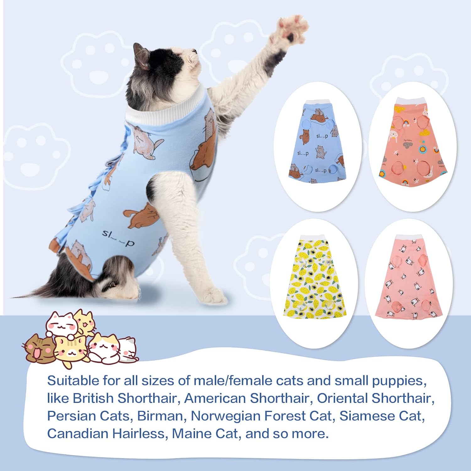 Cat Recovery Suit after Surgery, Pet Cone E-Collar Alternative, Elastic Professional Surgical Bandage Shirt Costume for Puppy Kitten Neutered/Abdominal Wound/Skin Damage/Weaning (M, Blue Cat)