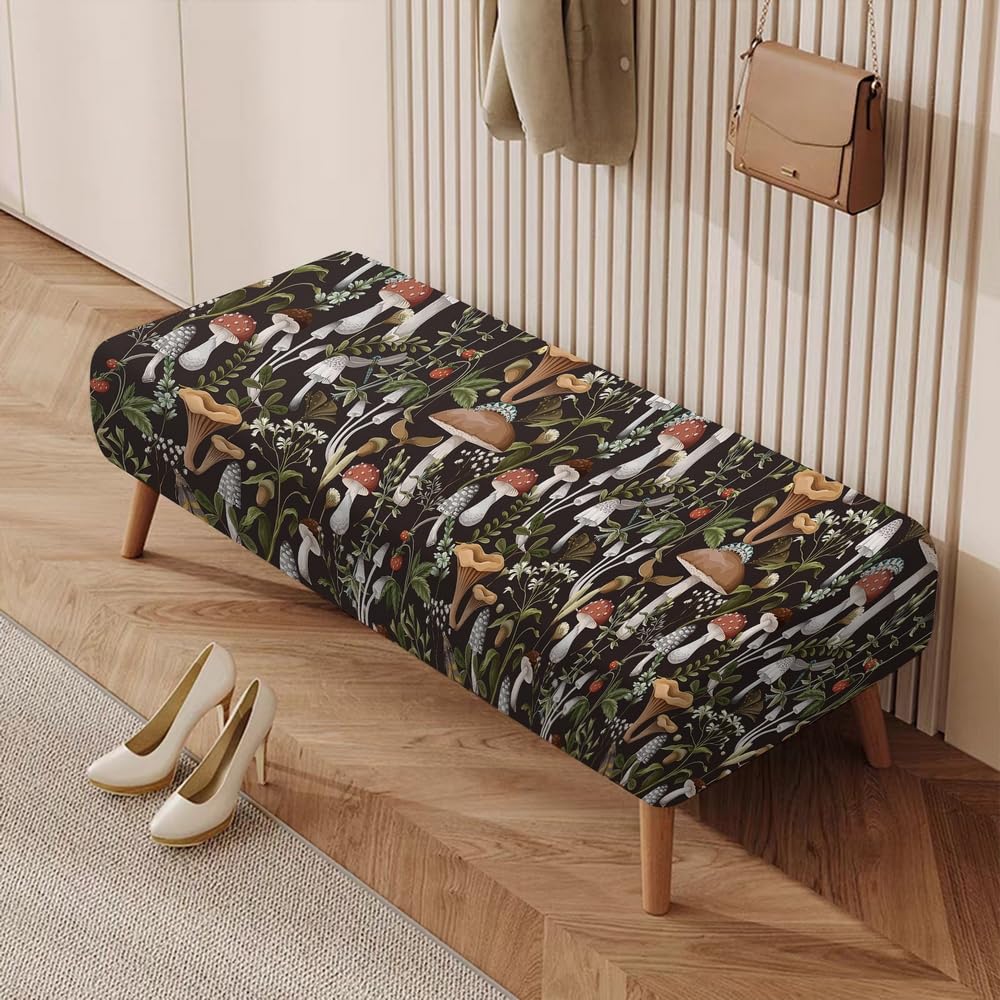 FADALO Boho Mushroom Bench Cover,Vintage Rectangle Stretch Dining Bench Cover Anti-Dust Removable Farmhouse Seat Protector for Living Room,Bedroom,Kitchen,Brown/Black/Green