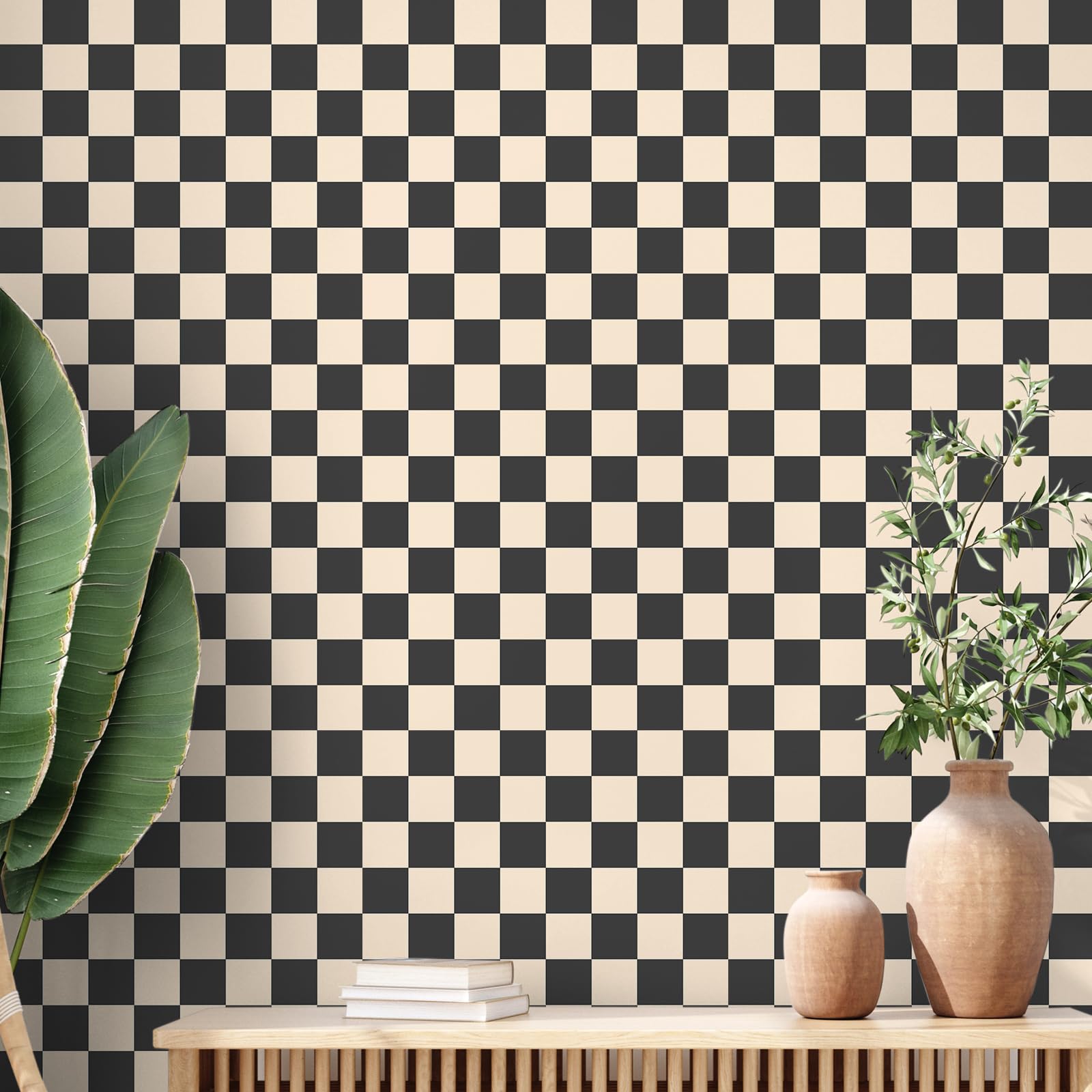 Drydiet Black Brown Checkered Peel and Stick Wallpaper 70s Retro Funky Checkered Contact Paper Geometric Waterproof Wallpaper Neutral Checkerboard