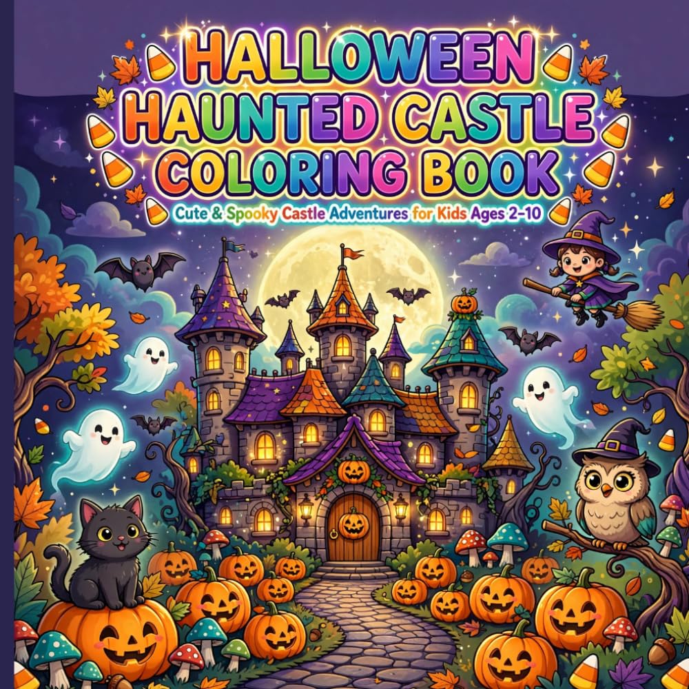 Halloween Haunted Castle Coloring Book: Cute Spooky Castles, Friendly Ghosts, Smiling Pumpkins, Bats & Magical Halloween Fun