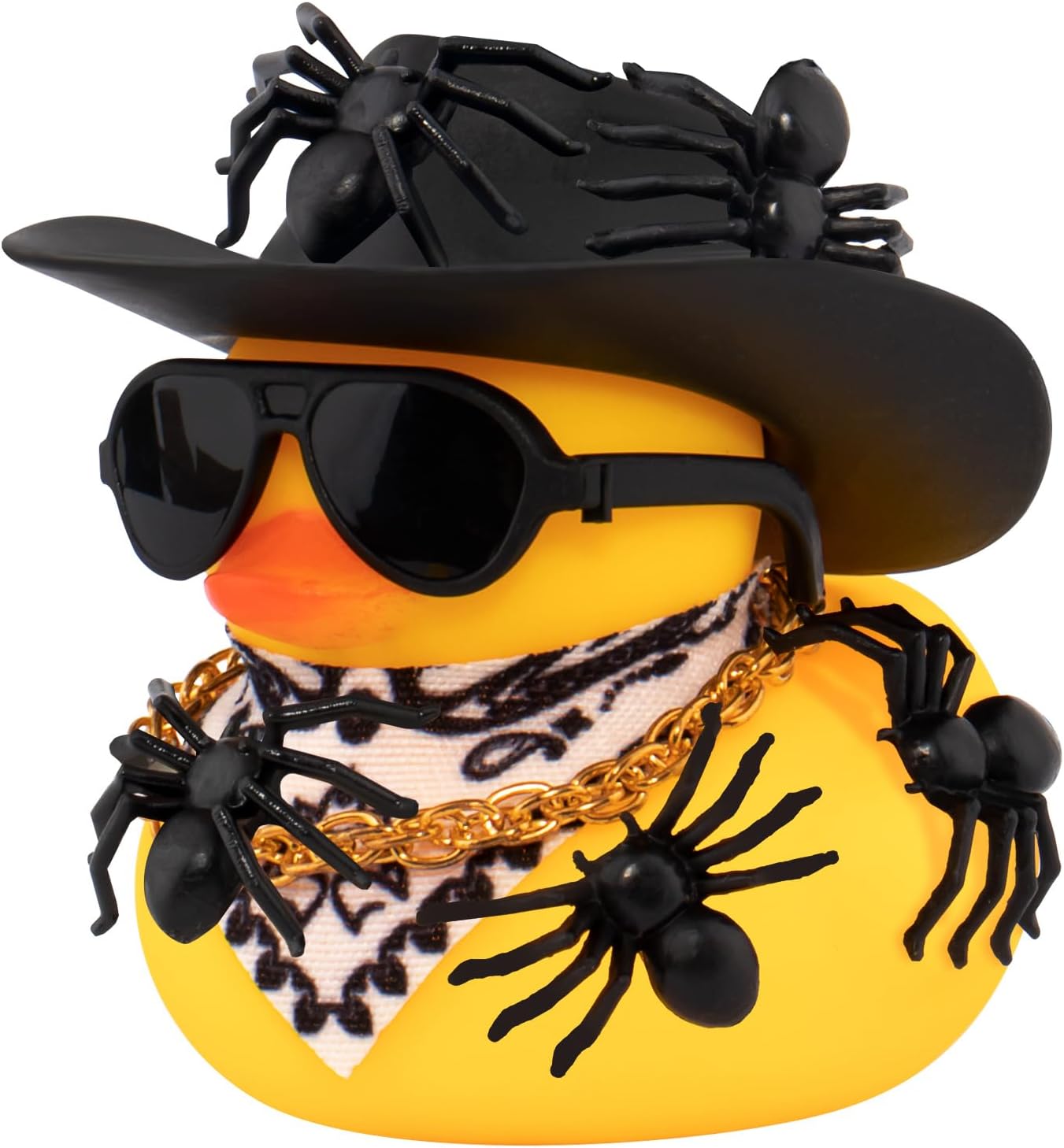 wonuu Car Dashboard Spider Cowboy Rubber Ducks for Halloween, Decorations Duck for Office Desk Ornament Accessories with Hat Glasses Chain Scarf, for Halloween Party Gifts (Black)
