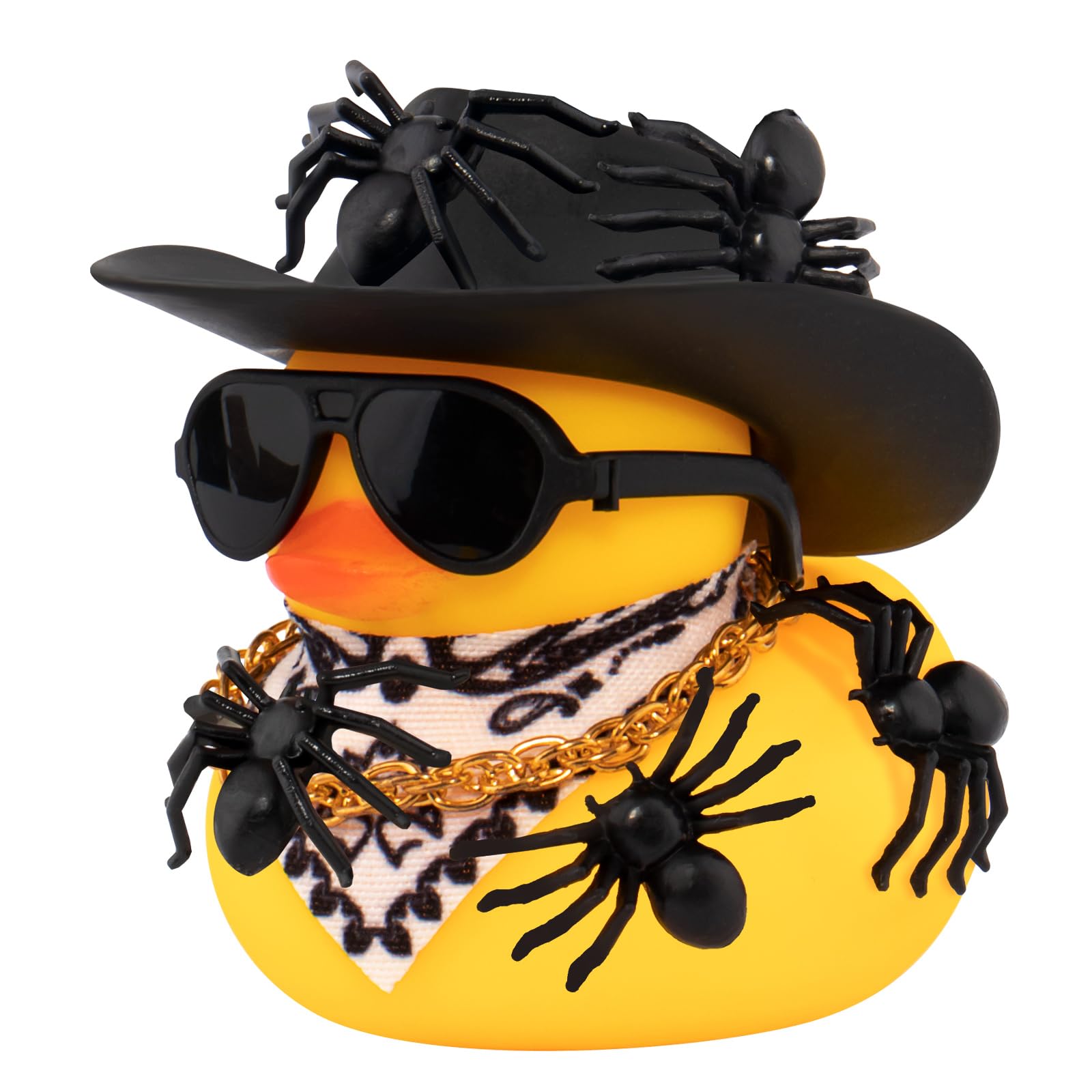wonuu Car Dashboard Spider Cowboy Rubber Ducks for Halloween, Decorations Duck for Office Desk Ornament Accessories with Hat Glasses Chain Scarf, for