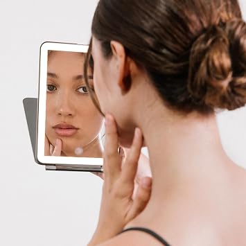 Vanity Planet Handheld Makeup Mirror with Lights, Mini Pose 2.0 Blush - Travel LED Mirror with 3X & 5X Magnification - Dimmable Lighting & Micro-USB Rechargeable Lighted Compact Mirror