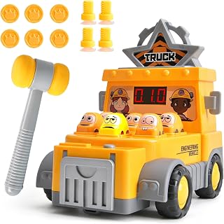 Whack A Mole Game Toy with Score Counter, Lights & Sound, Interactive Hammering Arcade Game with Hammer & Bonus Coins Screws, Birthday Gift for Boys Girls Ages 3+ (Yellow)