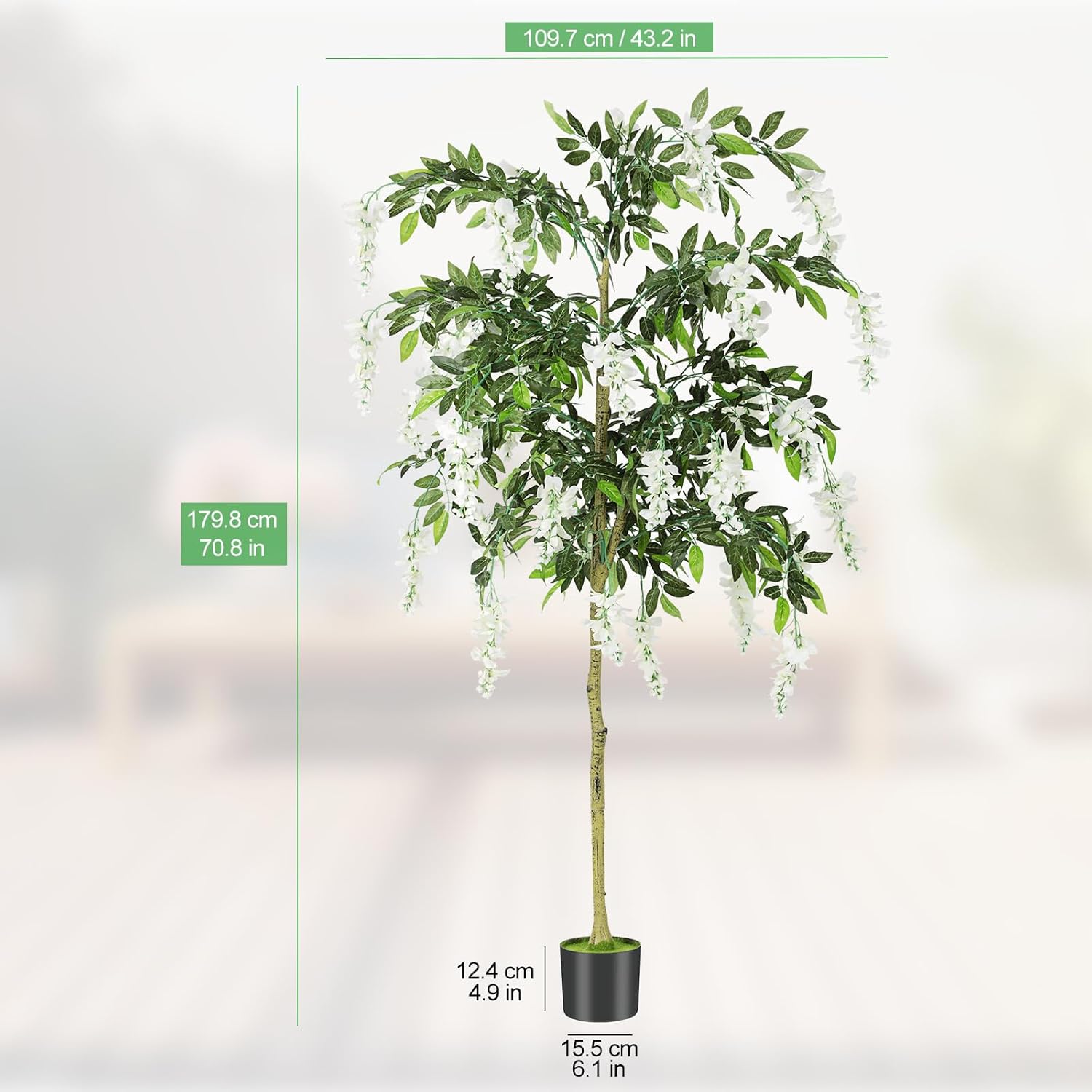 6FT Ficus Tree Artificial Indoor Tall Faux Wisteria Tree in Nursery Pot Fake Potted Tree with Blooming White Flowers and Real Wood Trunk for Home Office Living Room Decor