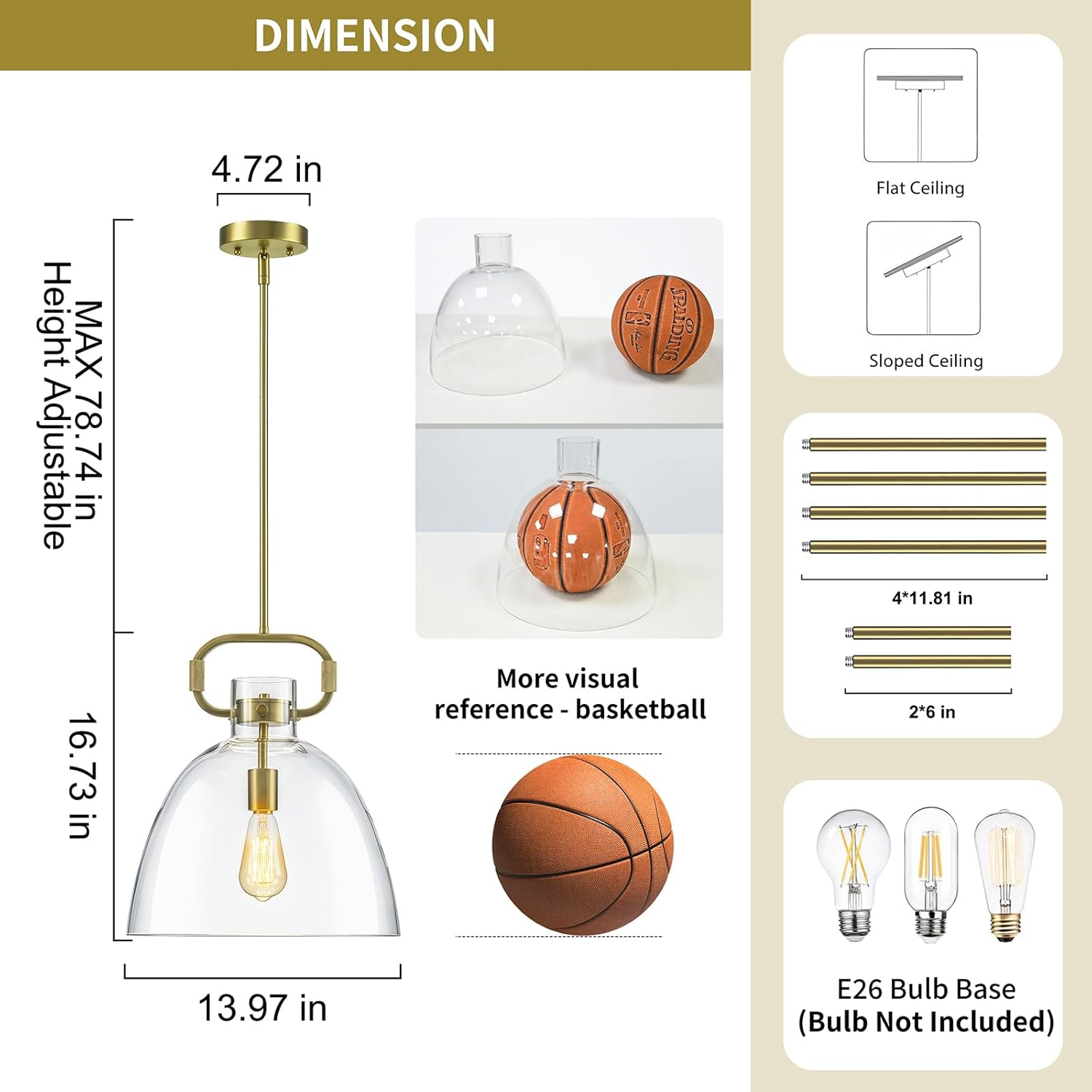 Large Pendant Lights Kitchen Island, 1 Light Brass Pendant Lighting with Glass Shade, Modern Gold Dining Room Light Fixture, Adjustable Cord, Island Lights for Kitchen Bedroom Hallway(E26, 14in)