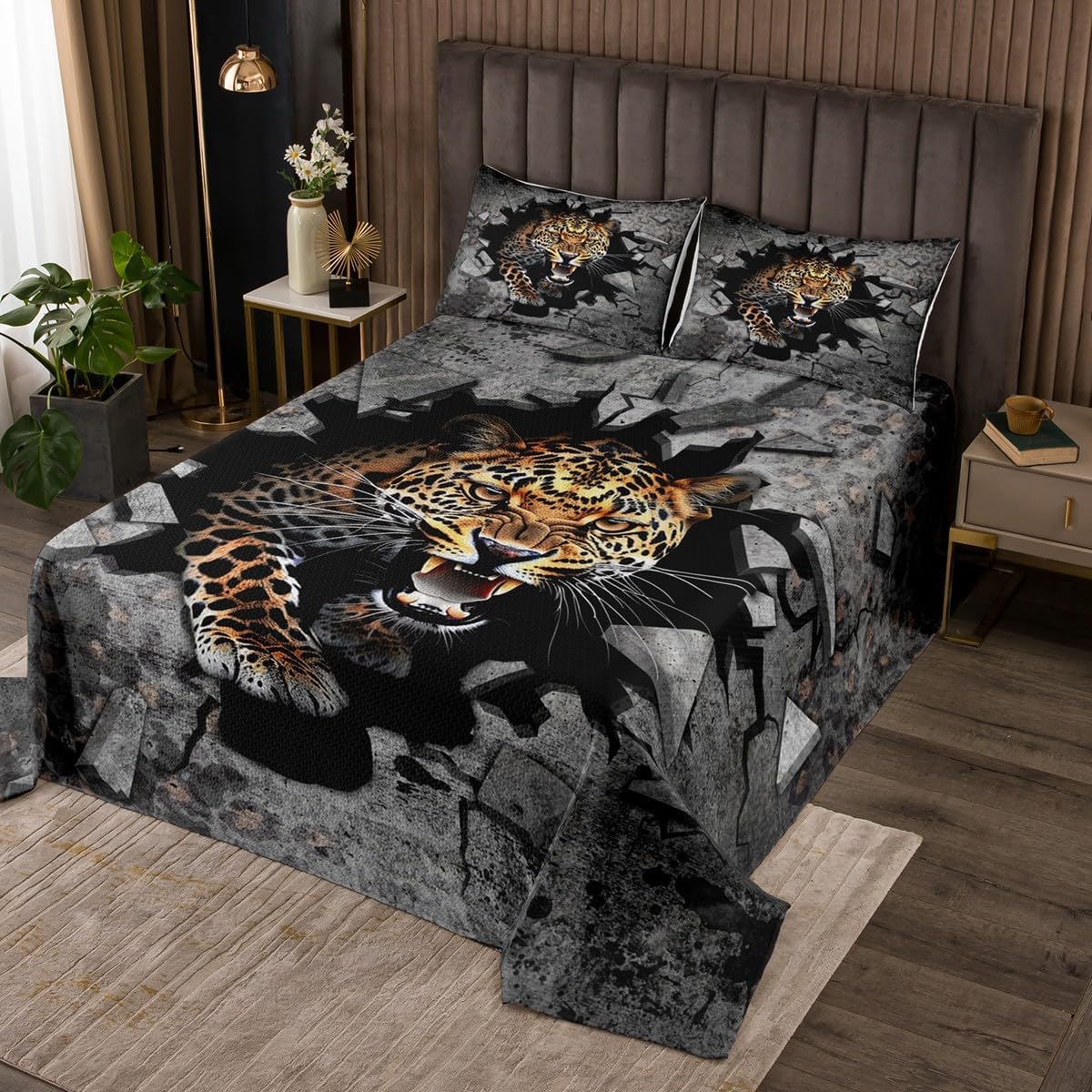 Retro Oil Paint Print Bedspread King,Ferocious Wildlife Animal Quilted Coverlet 3pcs for Adults Teens Room Decor,Tiger Soft Breathable Bedding Quilt