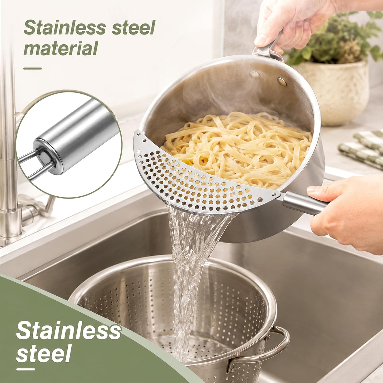 Stainless Steel Grease Pasta Strainer with Handle Hand Held Pot Strainer