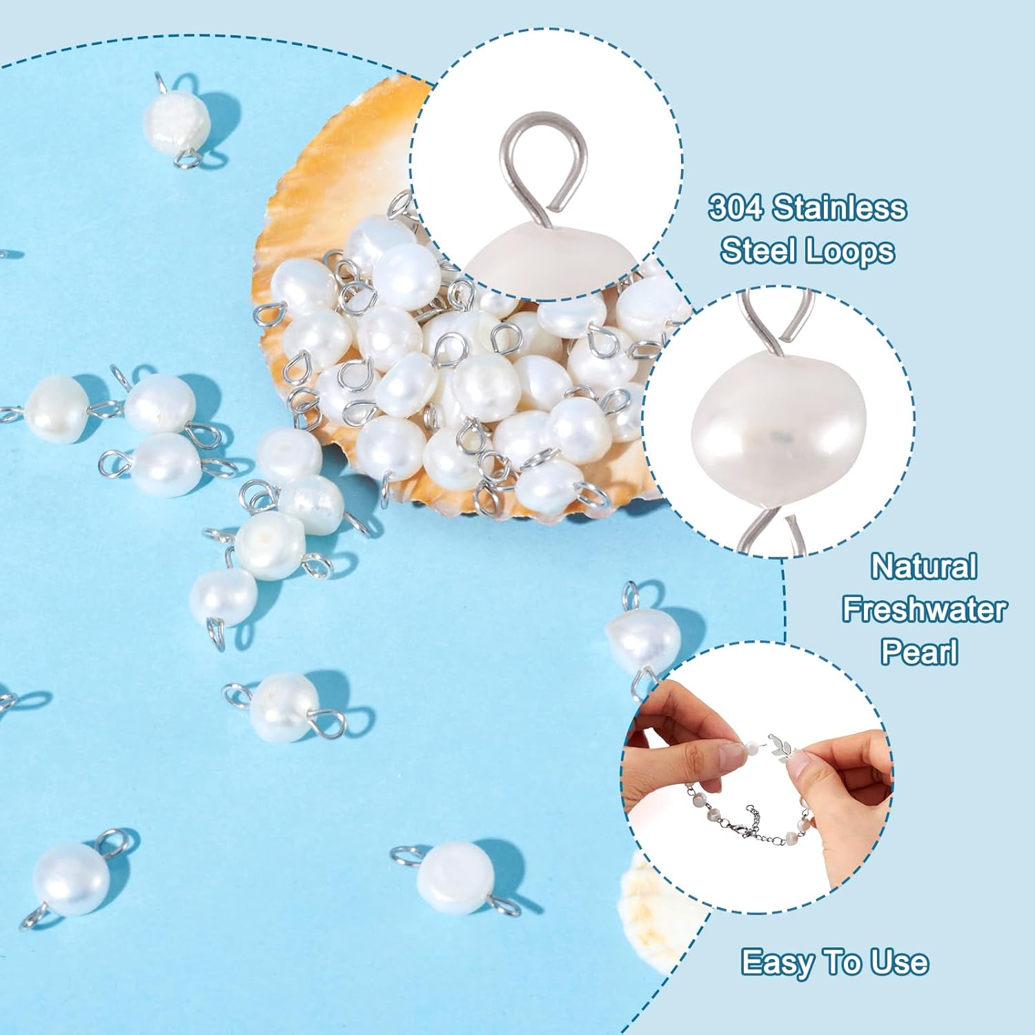 Pandahall 100pcs Freshwater Pearl Connector Charms Natural Pearl Connector Beads with 304 Stainless Steel Loops for DIY Pendants Bracelets Necklaces Earrings Making, Holes: 1.5-2.5mm(White)