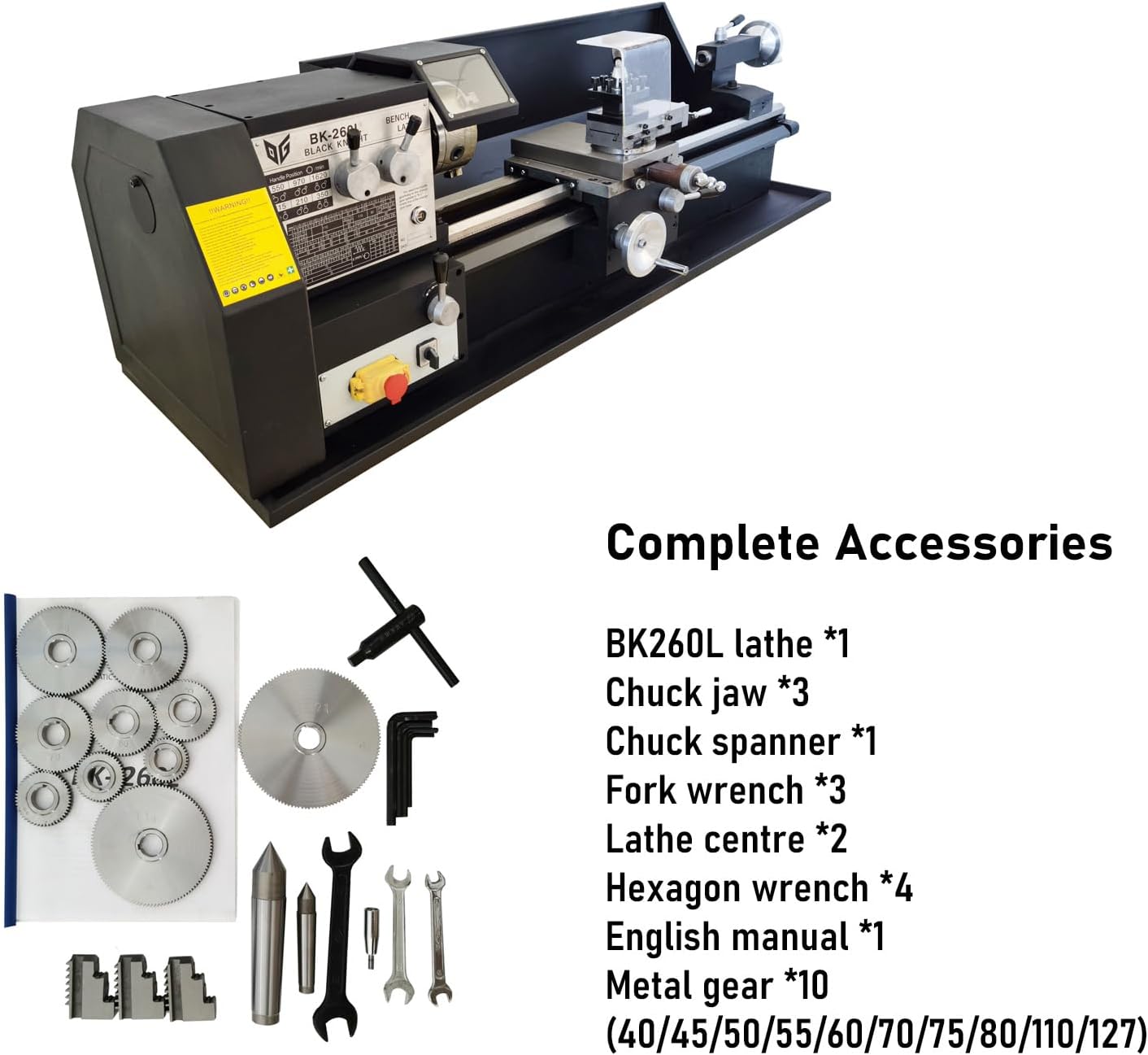 750W Heavy-duty Precision Metal Bench Lathe Spindle Taper MT4, Distance Between Centers 27.56", 10.24" Swing Diameter Over Bed, 53.9"x20.5" Size BK-260L AC110V