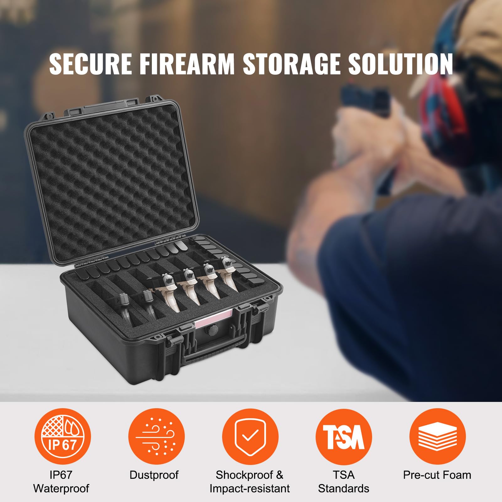 Happybuy Black Lockable Hard Pistol Case - Fits 6 Pistols. Waterproof and dustproof, comes with pre - cut PU foam, sized 19.3×17.1×8.3 in, perfect for safeguarding your firearms during storage