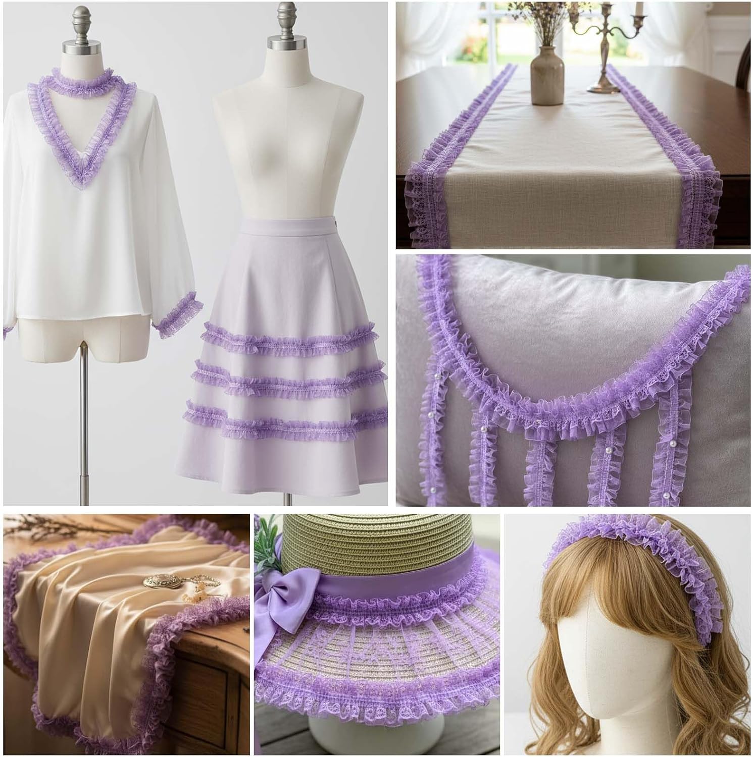 1.57" Chiffon Lace Ruffle Trim, Purple Stretch Pleated Edge, 3.3 Yards