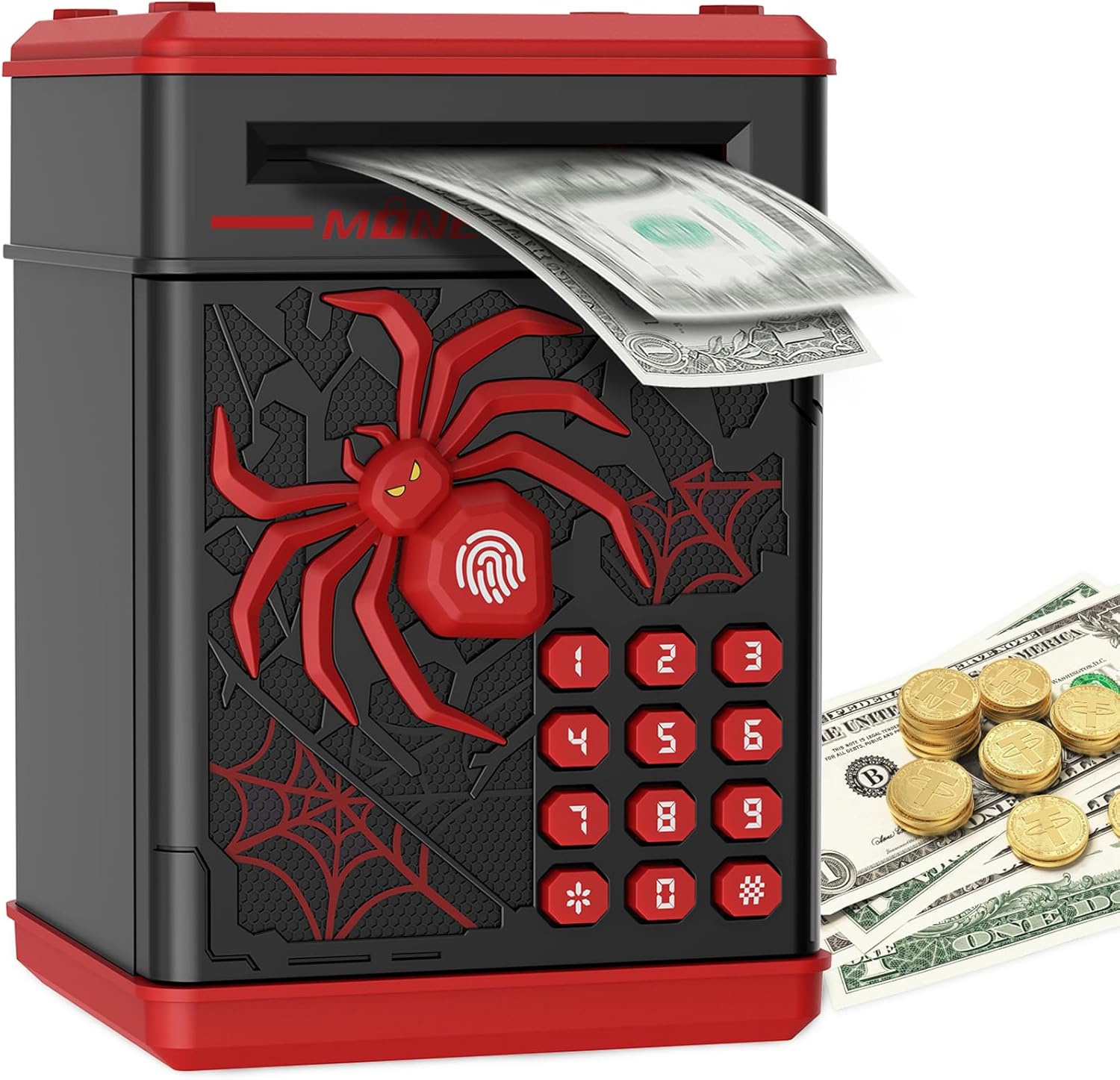 Spider Fingerprint Piggy Bank, ATM Piggy Bank for Kids Boys Girls, Kids Money Saving Box Money Safe (Blue)