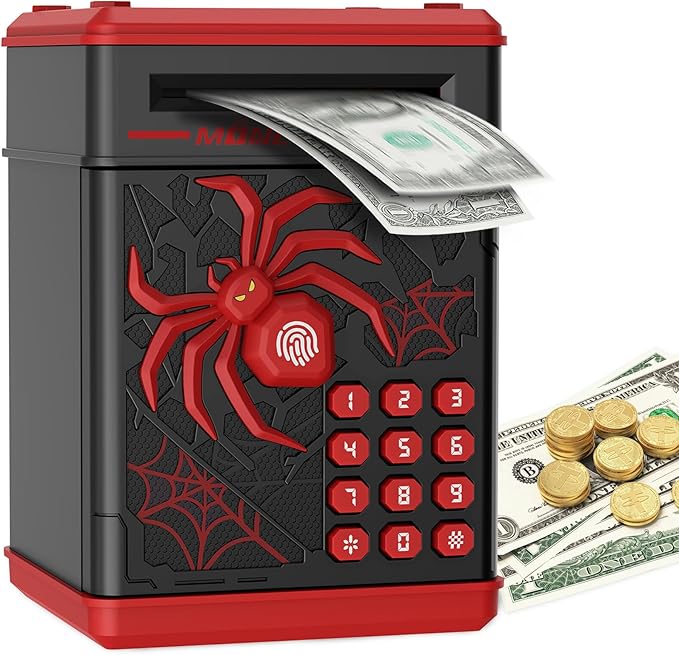 Spider Fingerprint Piggy Bank, ATM Piggy Bank for Kids Boys Girls, Kids Money Saving Box Money Safe (Black)