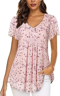 Womens Tops Short Sleeve Shirts Casual V Neck Blouse Double Layers Mesh Tunics Tops