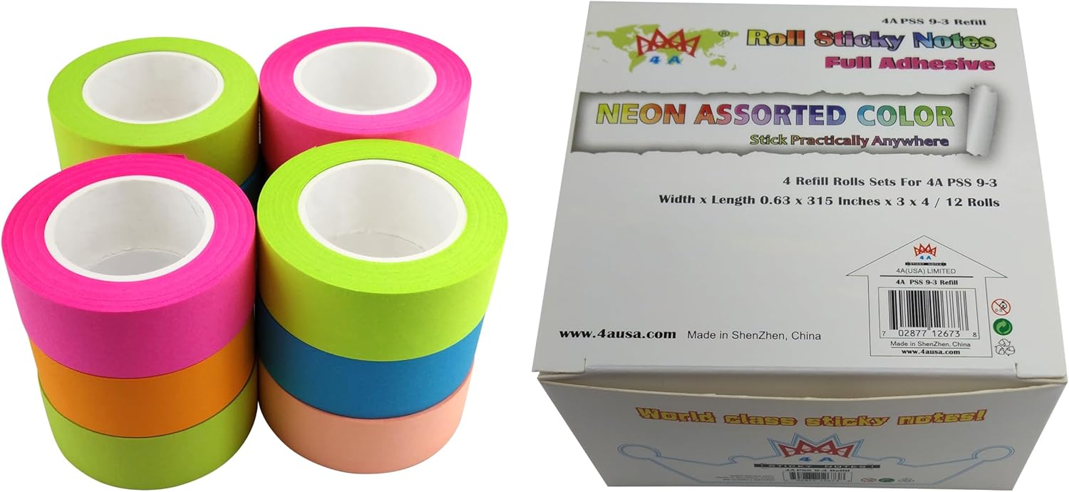 Full Adhesive Roll Sticky Notes, 4 Sets Roll Tape Refills, 0.6 x 315 Inches, Colorful Sticky Roll Tape for Book, Notebook, Office, Home, School Supplies, 4A PSS 9-3 Refill