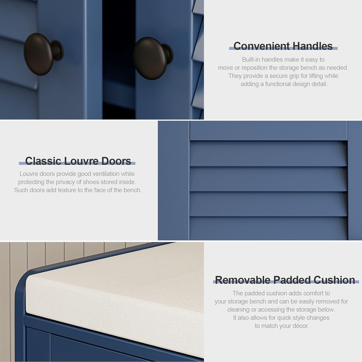 Shoe Storage Bench with Padded Seat Cushion, Classic Louvre Doors Shoe Bench for Entryway, Living Room, Bedroom, 13.7" Dx36.6 Wx18.3 H,Vintage Blue