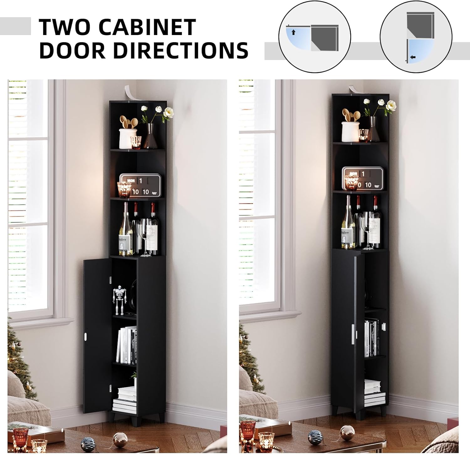 MOHOPE Corner Shelf with Cabinet, 74.8" Tall Corner Display Cabinet with Door, 5-Tier Narrow Bookshelf with Adjustable Shelves for Living Room, Bathroom, Dining Room, Small Space, Black