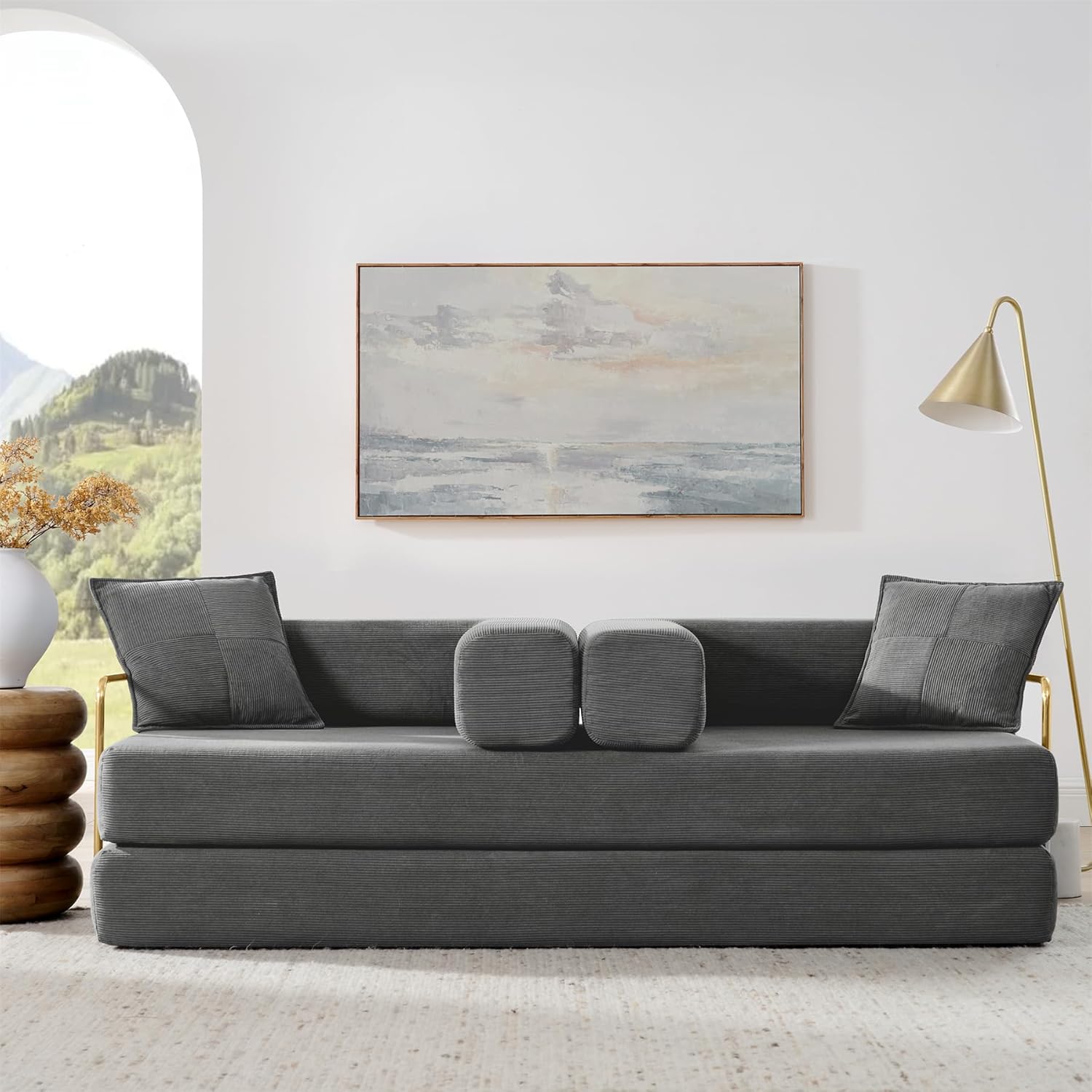 Convertible Sleeper Sofa Bed, Corduroy Folding Sofa Bed with Fixed-Shape Frame, Fold Out Floor Mattress Couch, Lazy Compression Sofa for Living Room, Bedroom, No Assembly Required, Grey