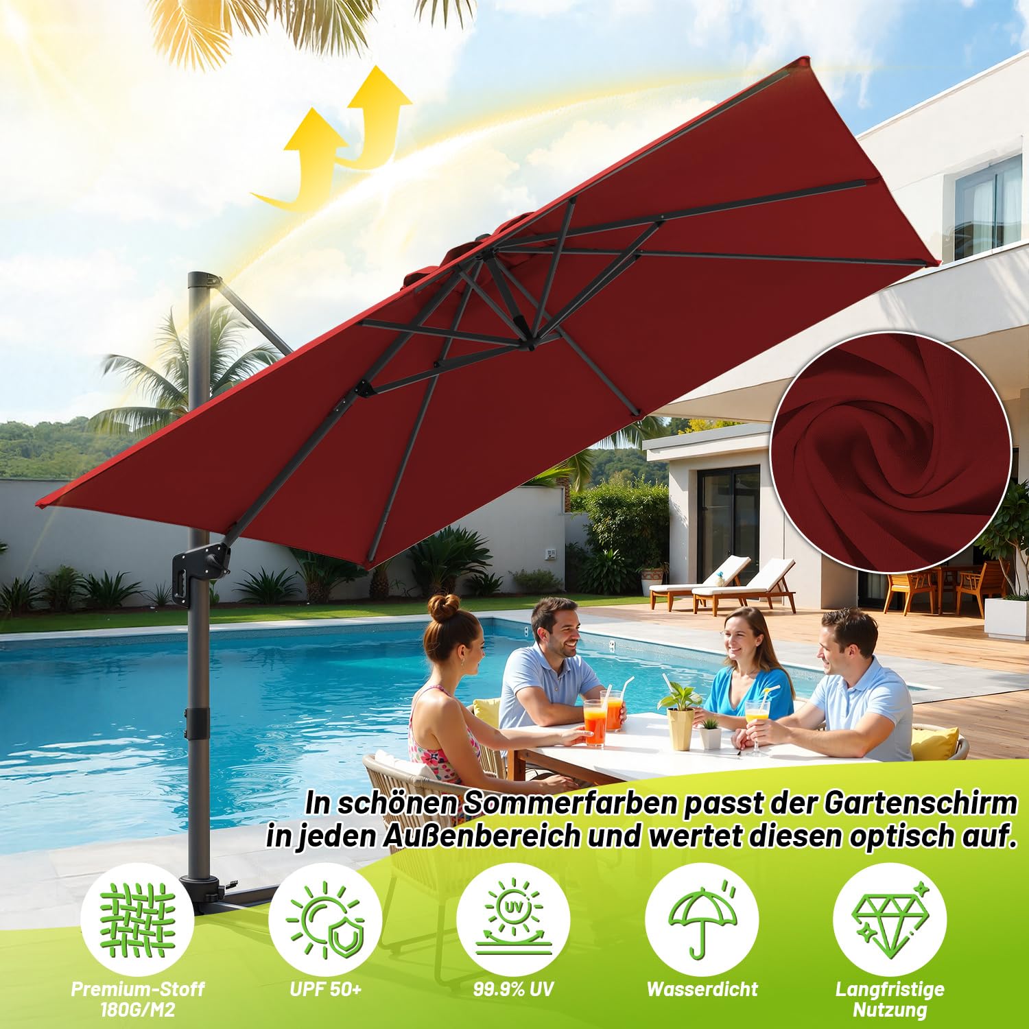 300 x 300 cm, duży parasol przeciwsłoneczny LED, parasol ogrodowy z korbą, obracany o 360° i przechylany, UV50+, parasol tarasowy z aluminiową ramą, do ogrodu, na taras