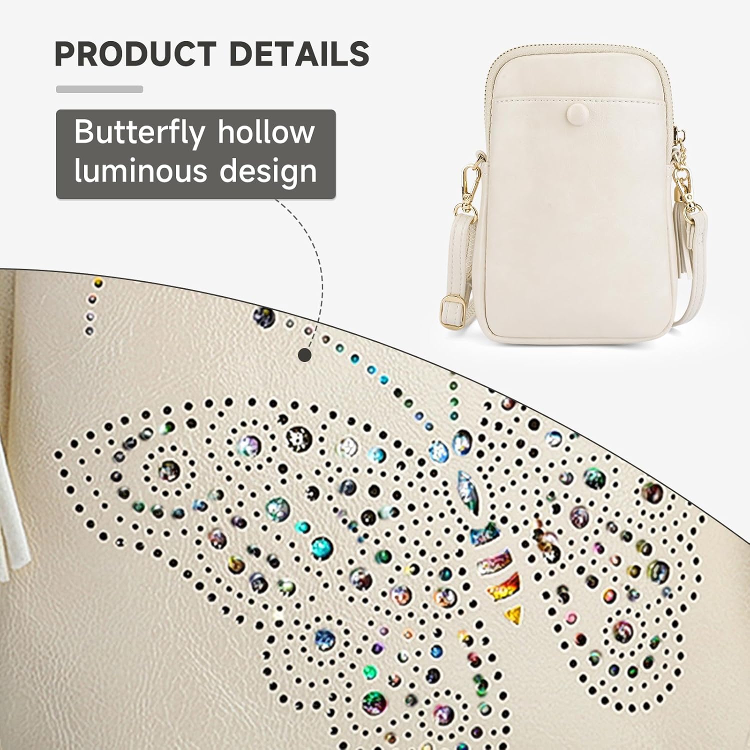 Small Crossbody Bags for Women, Lightweight Mini Cute Cell Phone Purse for Women with Tassel Shining Butterfly - Image 4
