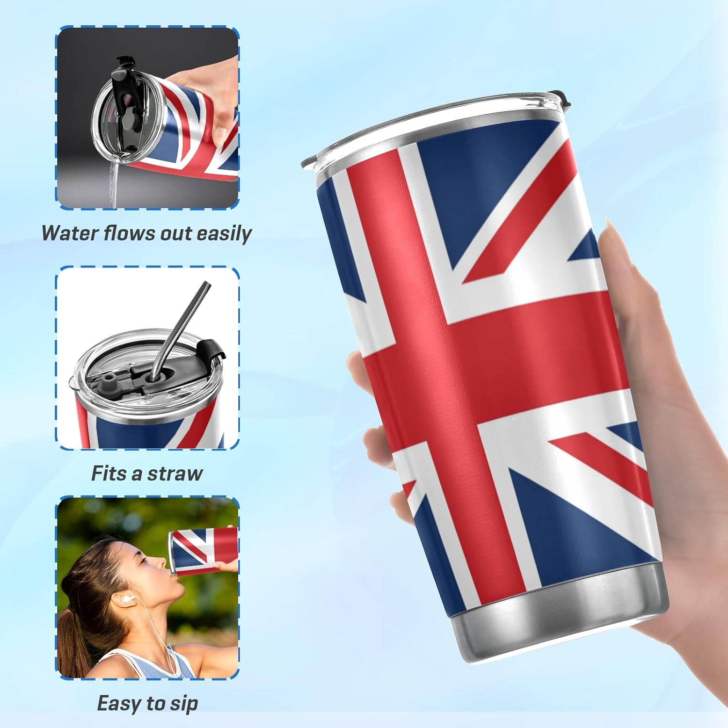 ALAZA England British Flag Union Jack Insulated Travel Tumbler Mug with Lid & Straw Double Wall Vacuum Water Bottle Car Cup Stainless Steel, Hot and Cold, 20oz