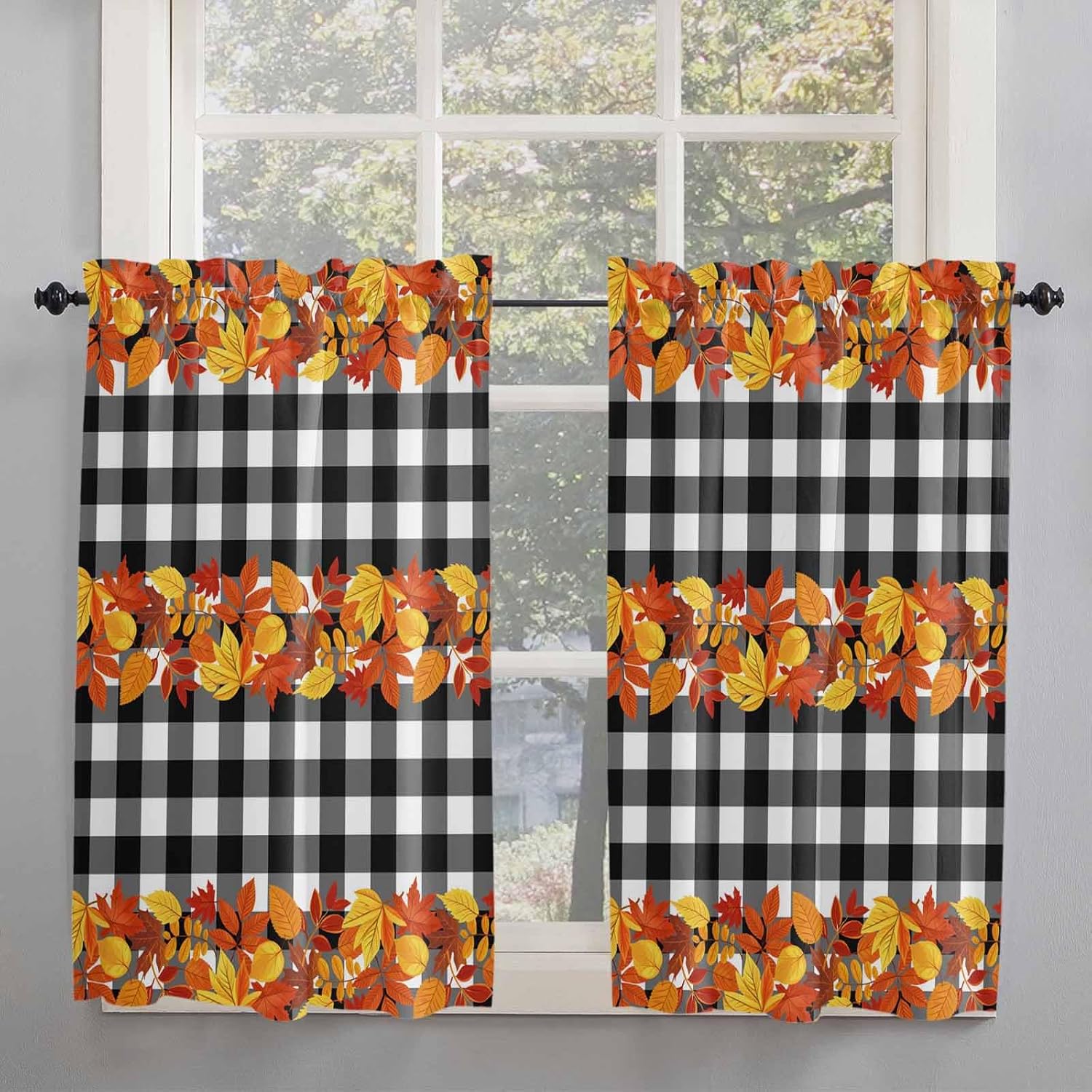 Kitchen Curtain 2 Panels Curtains 45 Inch Length, Fall Maple Leaves Floral Swirls, Curtains Rod Pocket Curtains Window Drapes Treatment Window Cafe Curtains Black Buffalo Checker