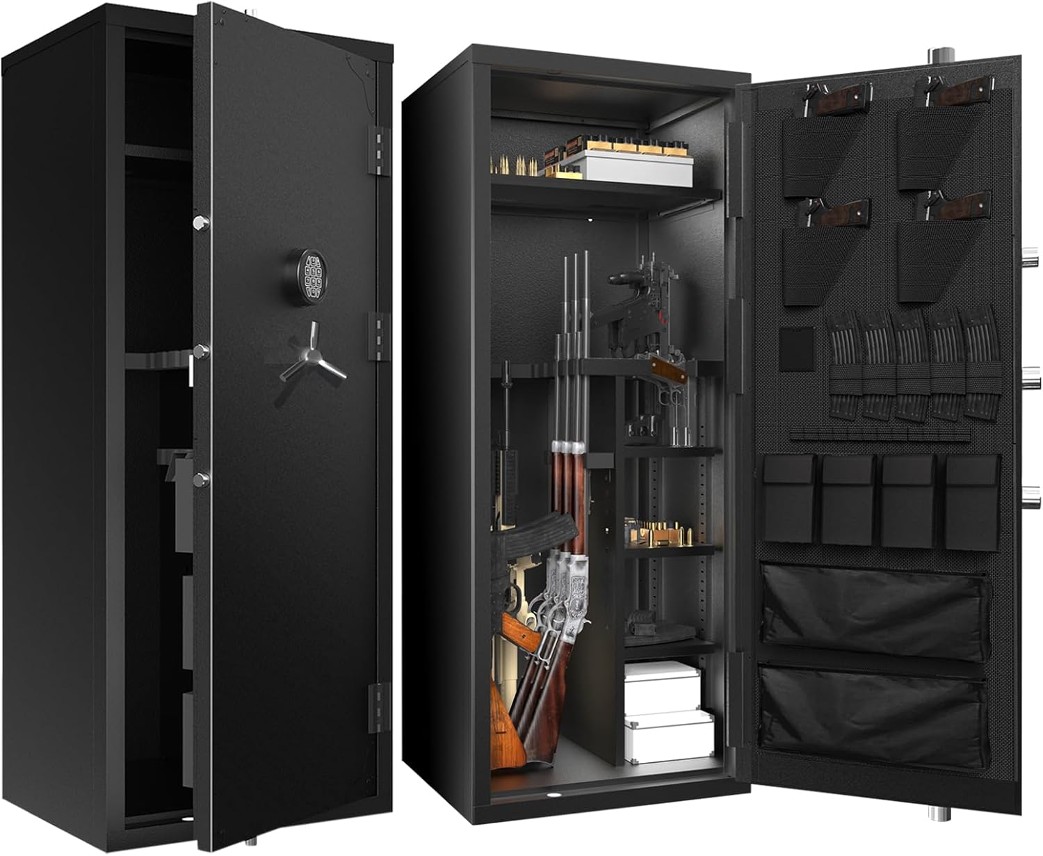 Large Gun Safe, 30 Gun Capacity - Rifle & Shotgun Storage, Removable Shelf, Silent Mode, External Battery, LED, Key - 180 Open Door Panel Organizer Cabinet Safe