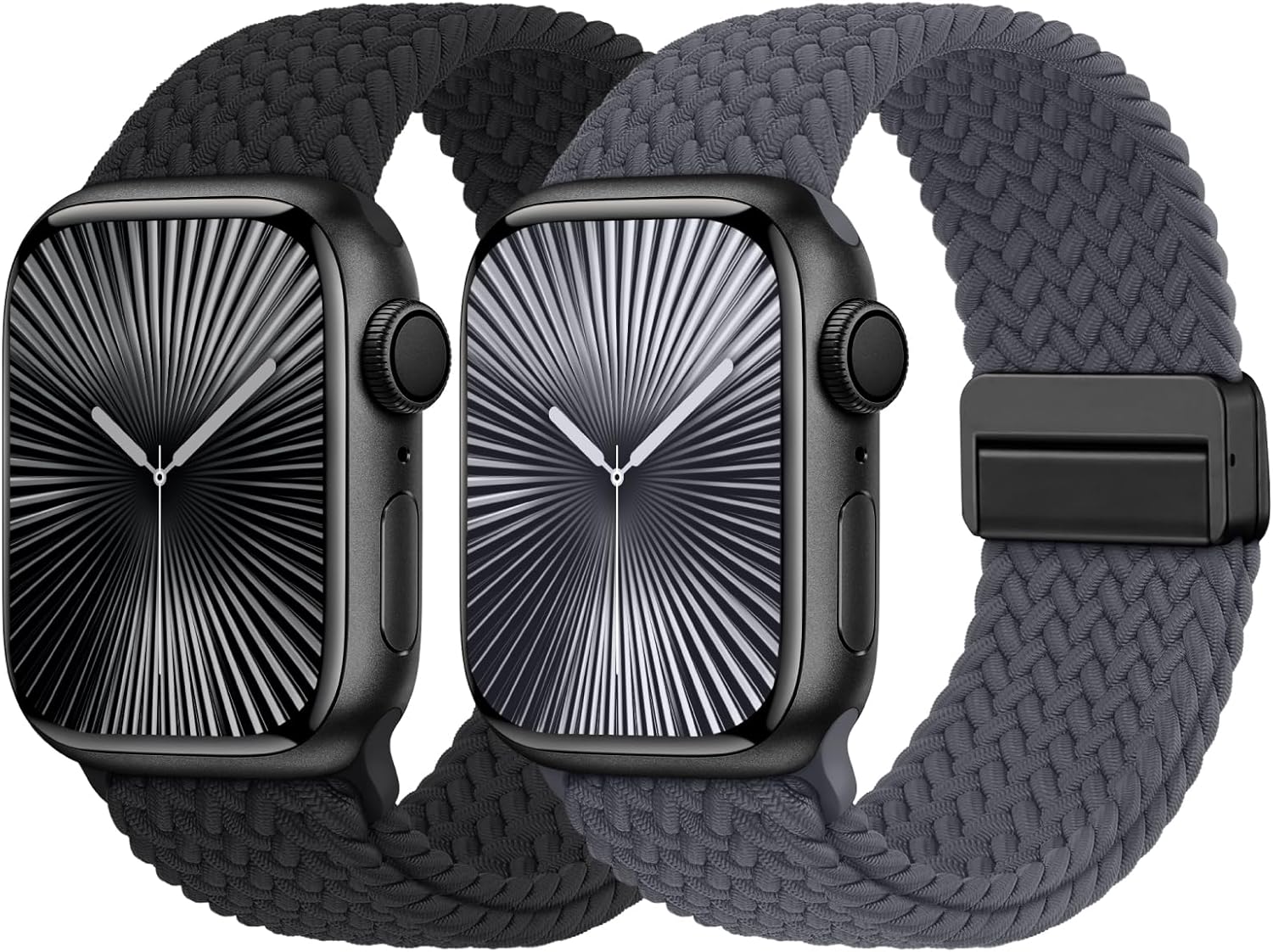 Braided Stretchy Bands with Magnetic Clasp Compatible for Apple Watch Band 38mm 40mm 41mm 42mm 44mm 45mm 46mm 49mm Women Men, Soft Nylon Sport Solo Loop for iWatch Series 10 9 8 7 6 5 4 3 Ultra 2 1 SE Black/Gray 38MM/40MM/41MM/42MM(Series 10)